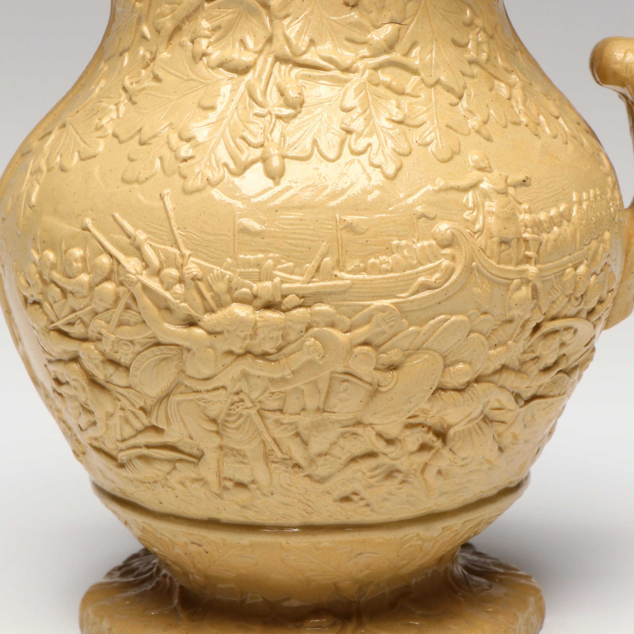 Charles Meigh "Julius Caesar" Relief Molded Earthenware Pitcher with Pewter Lid