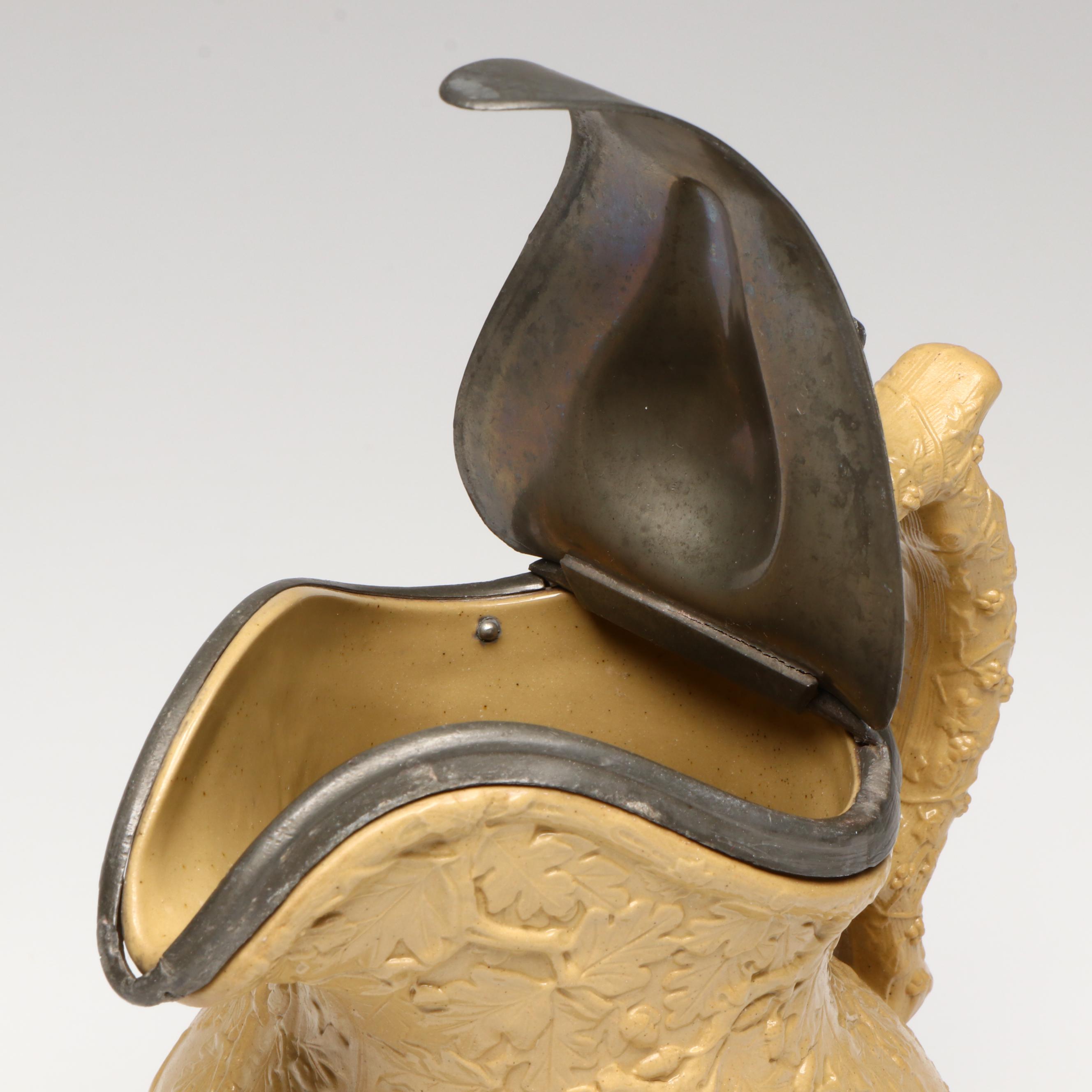 Charles Meigh "Julius Caesar" Relief Molded Earthenware Pitcher with Pewter Lid