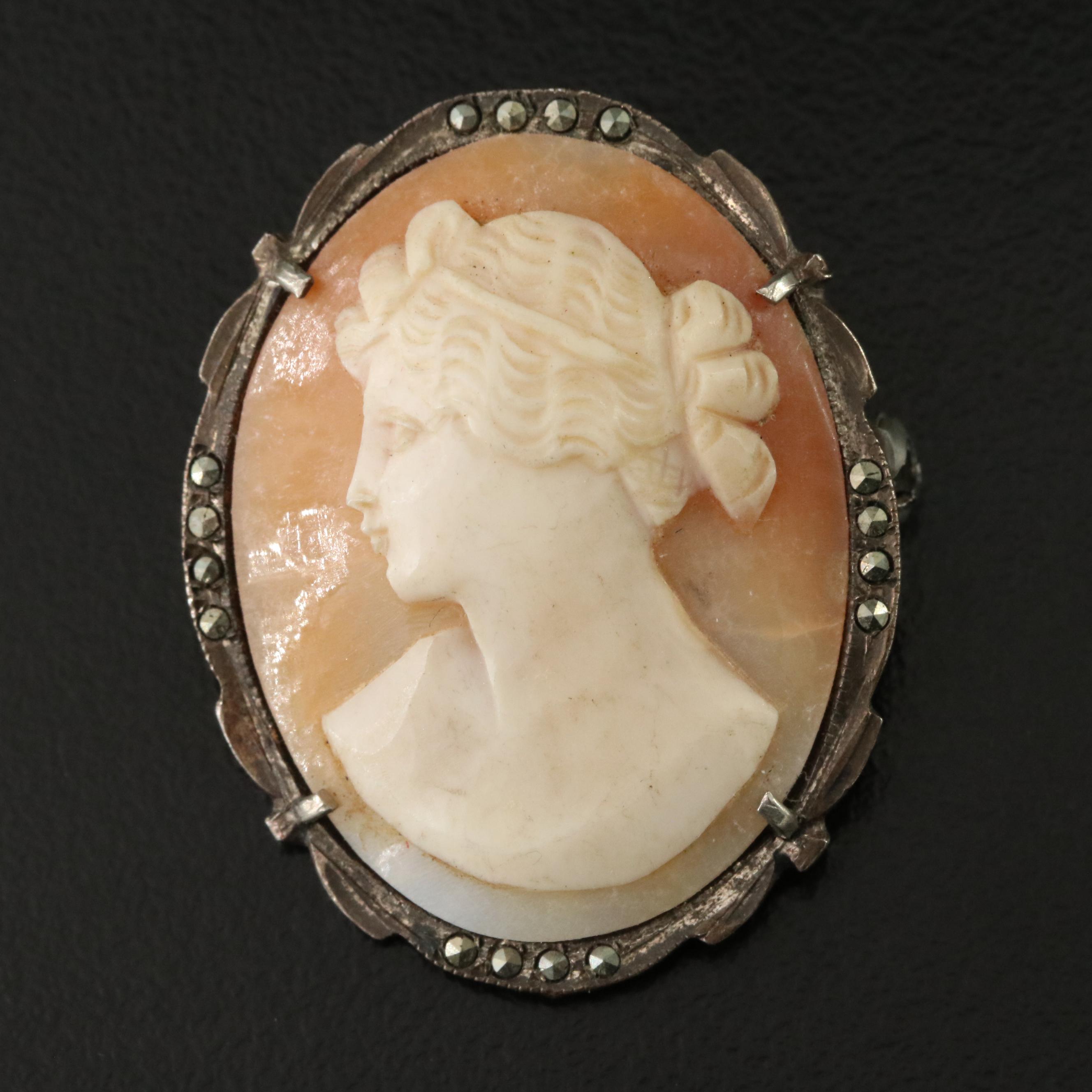 Vintage 800 Silver Shell and Marcasite Cameo Converter Brooch