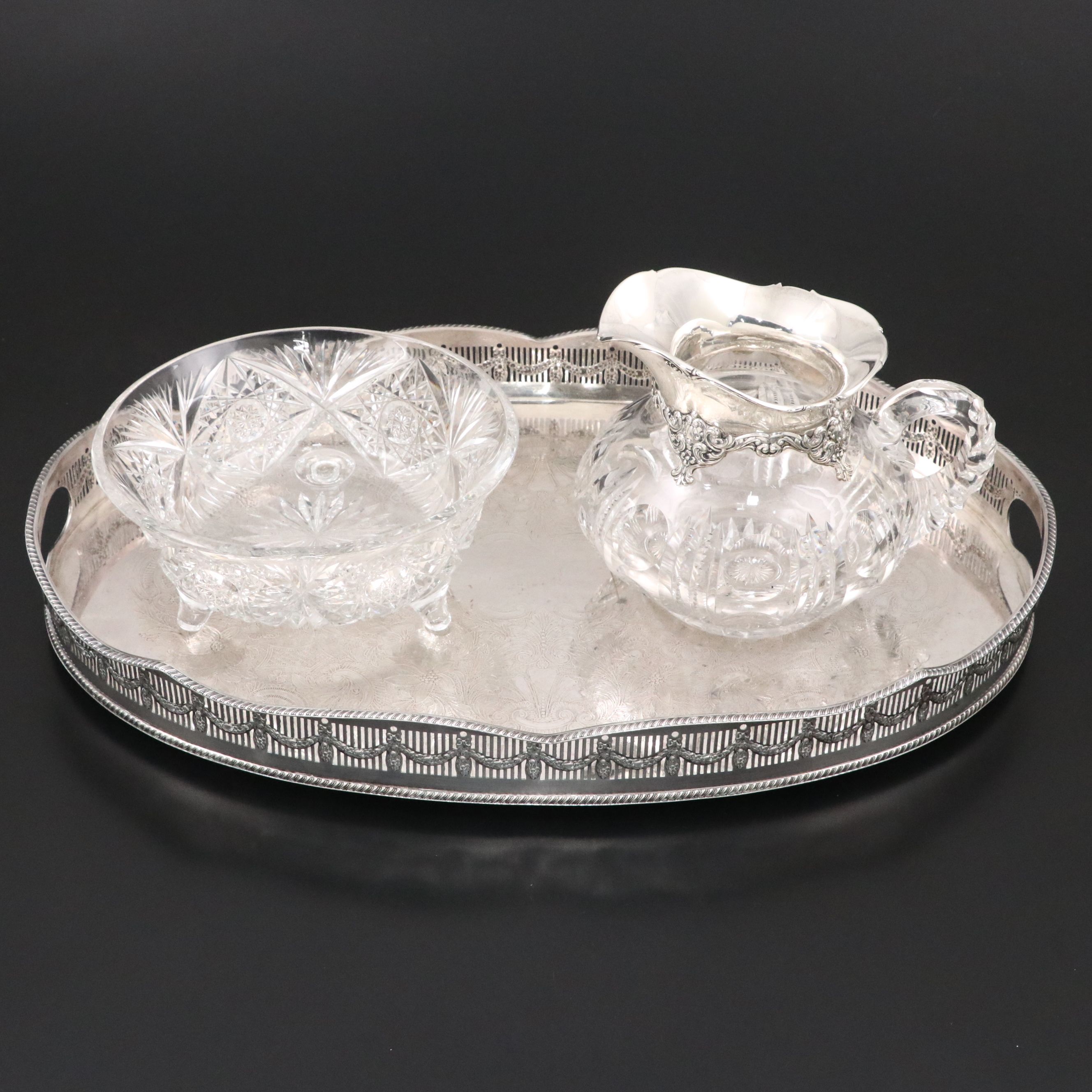 Bailey Bank & Biddle Co. Sterling Pitcher, Kentshire Tray, and Crystal Bowl