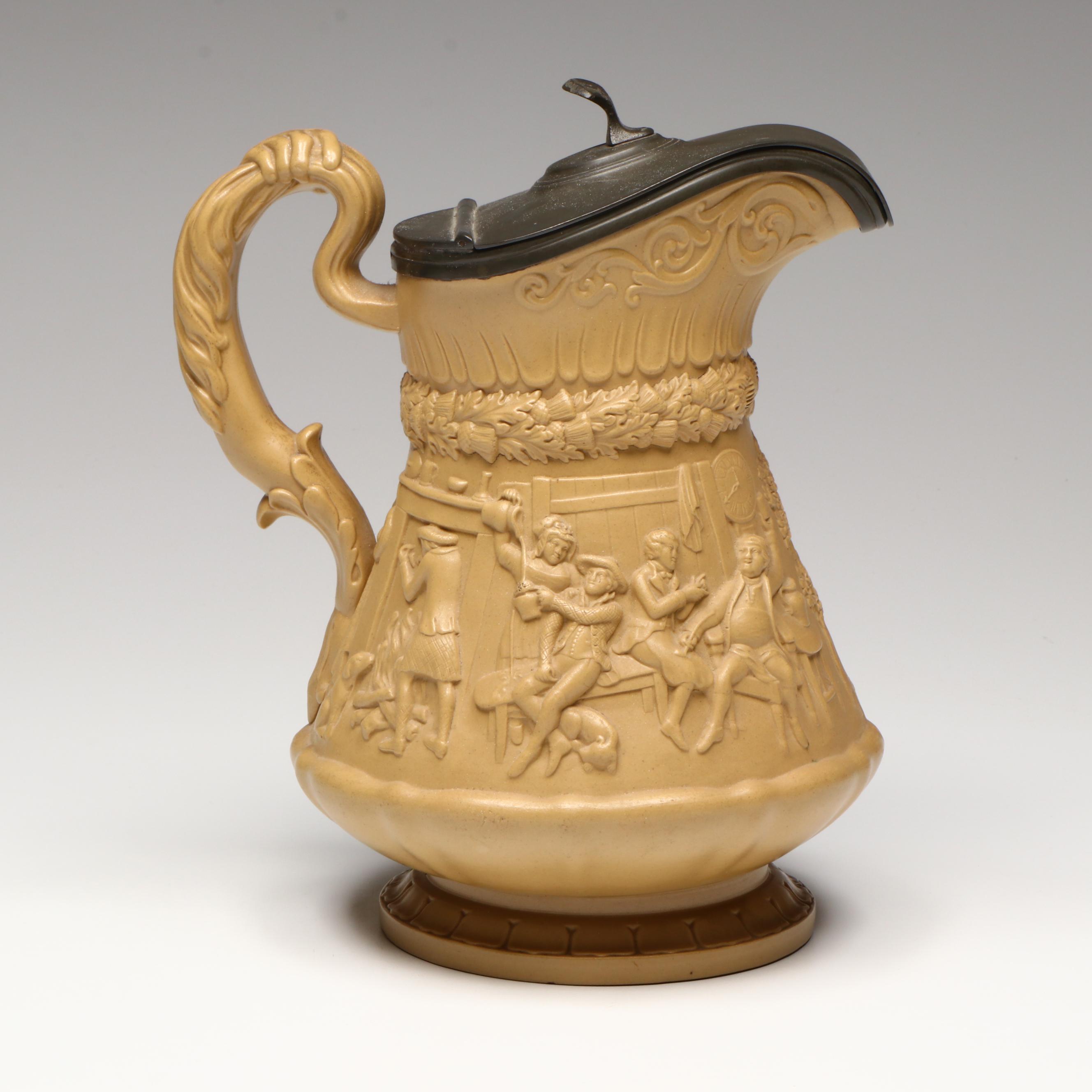 Ridgway & Co. English "Tam O'Shanter" High Relief Ceramic Pitcher & Pewter Lid