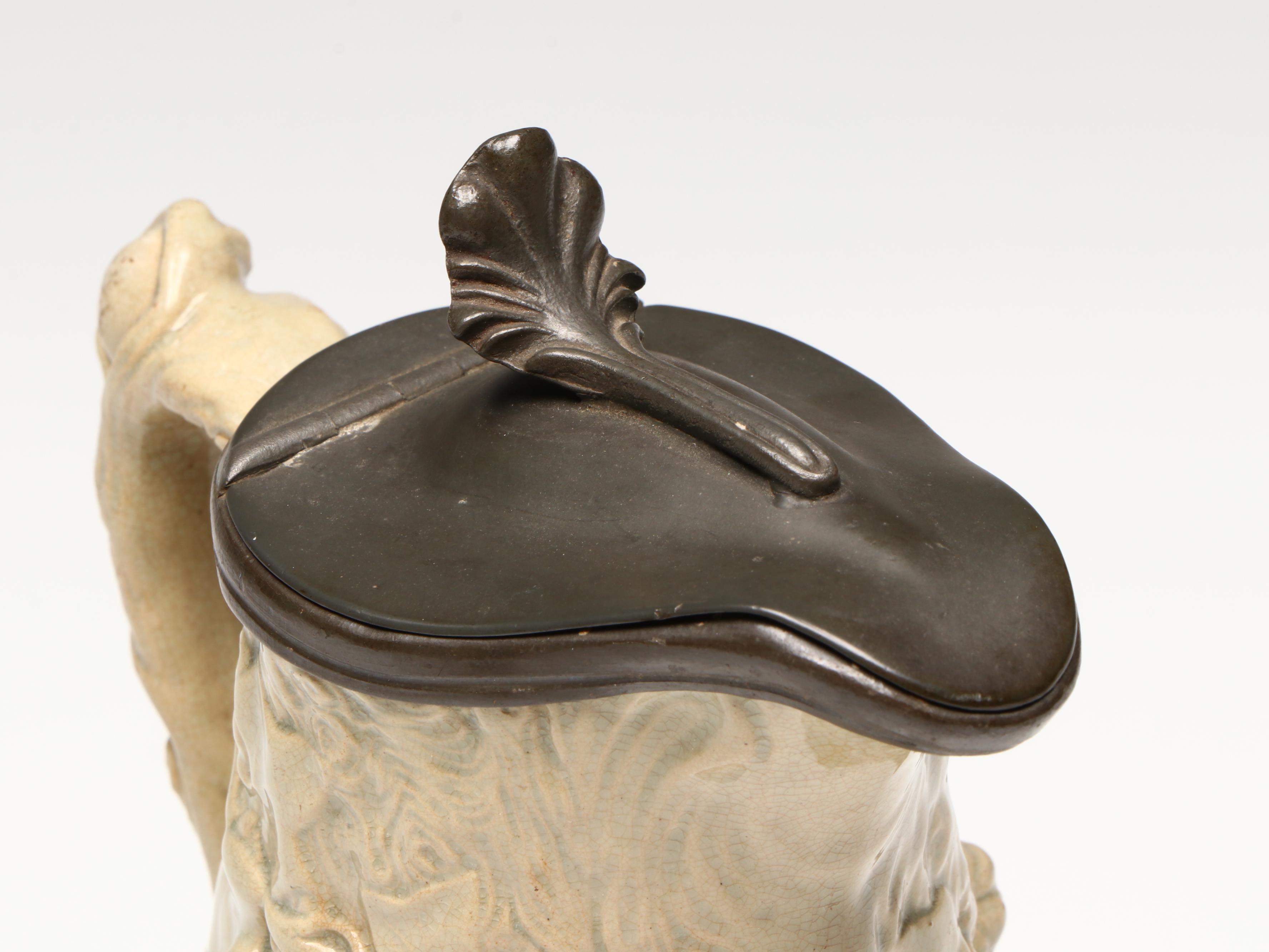 English "Babes in the Woods" High Relief Molded Pottery Pitcher with Lid