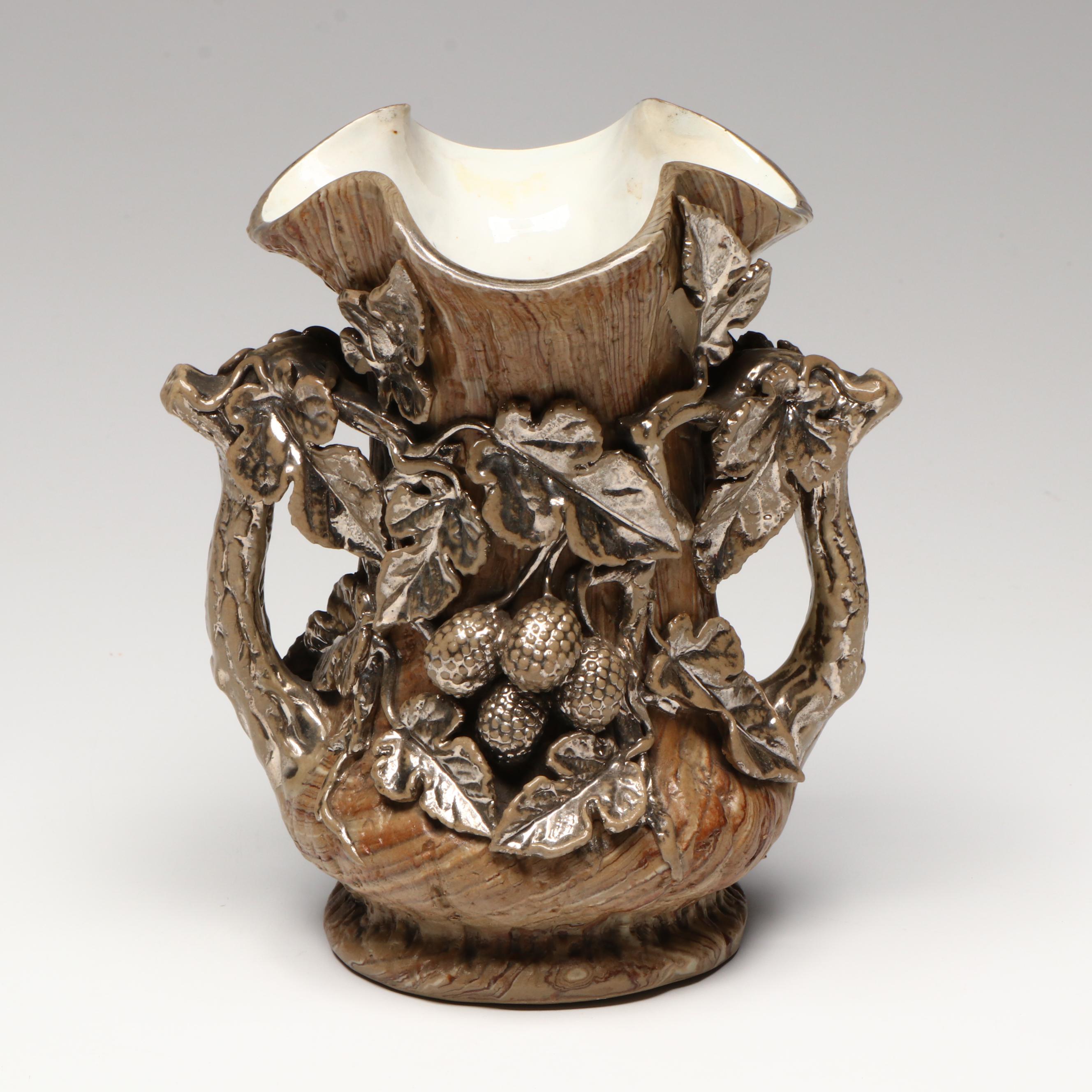 English Scroddle or Agateware Vase with Silver Glazed Applied Decoration