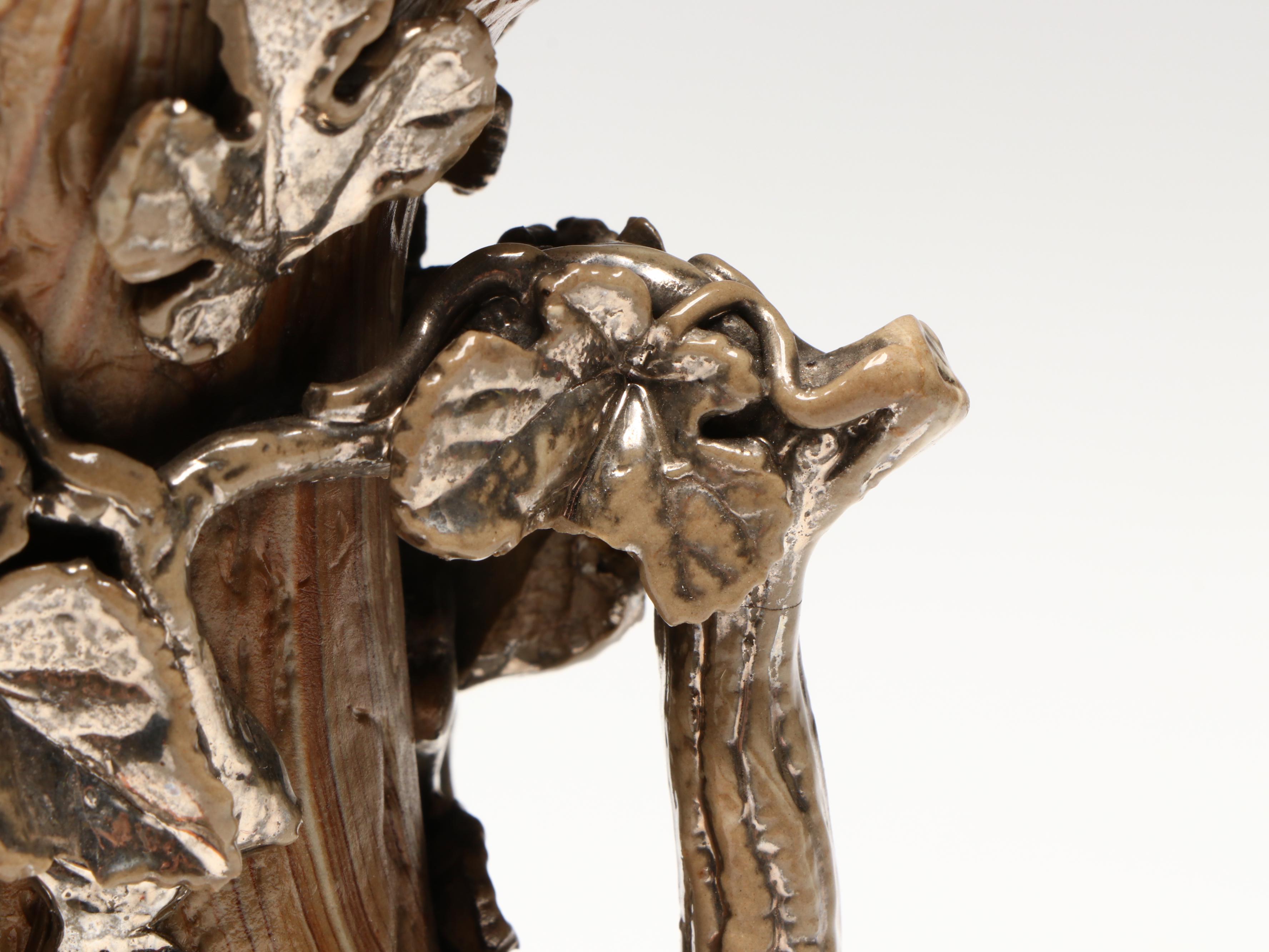 English Scroddle or Agateware Vase with Silver Glazed Applied Decoration