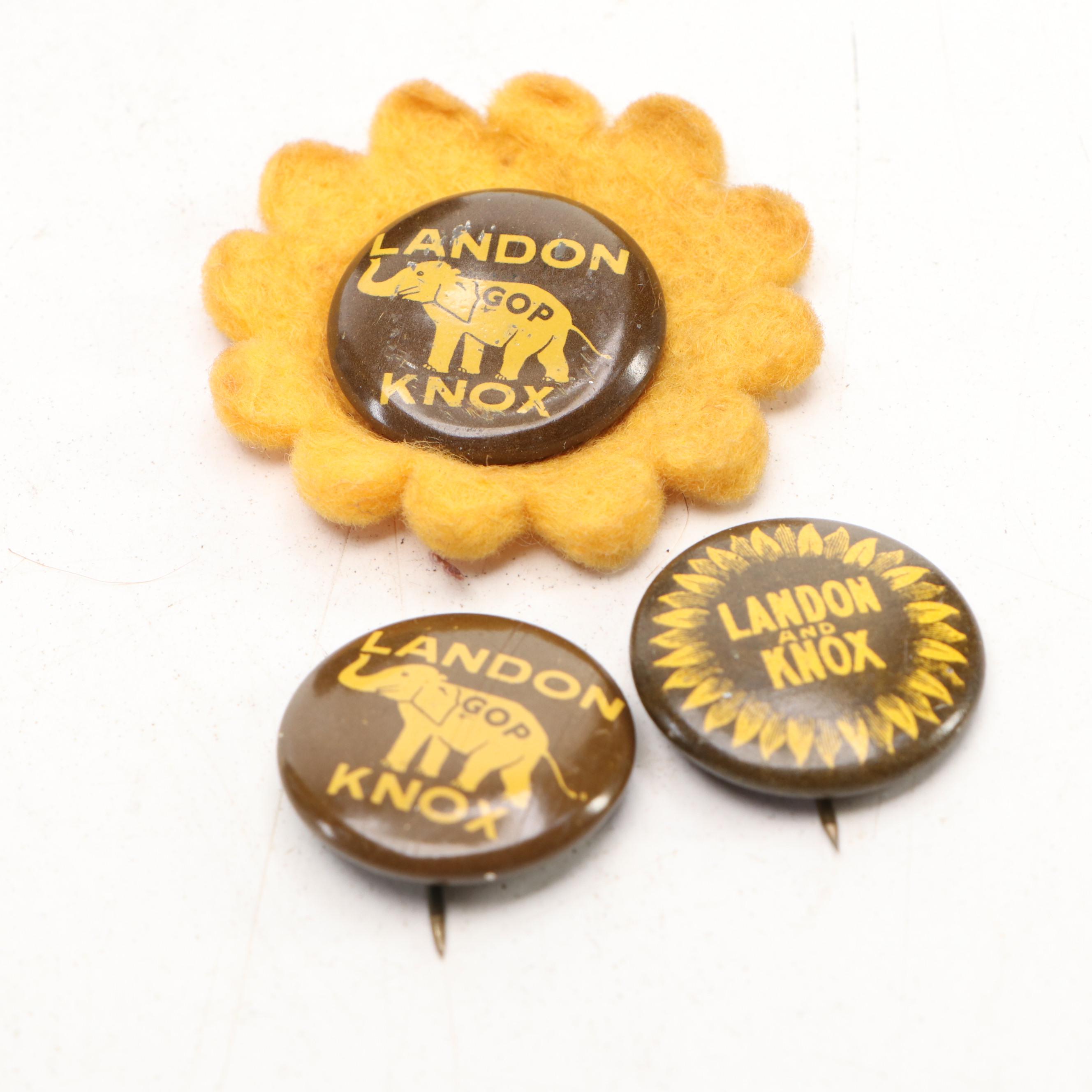 Alf Landon and Frank Knox Ceramic Bottle and Campaign Pins