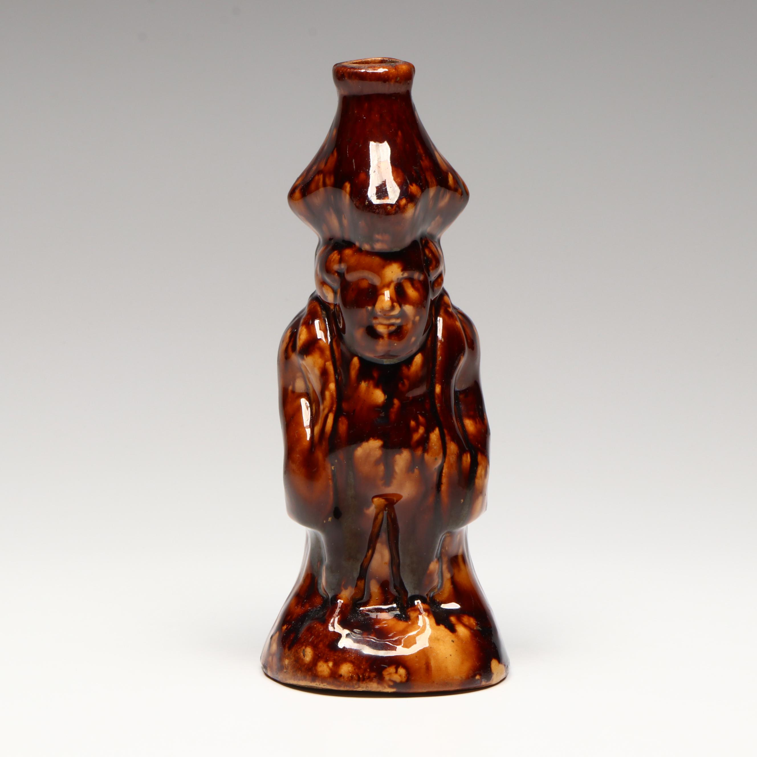 Bennington Rockingham Glazed Yellowware Toby Bottle Flask, 19th Century