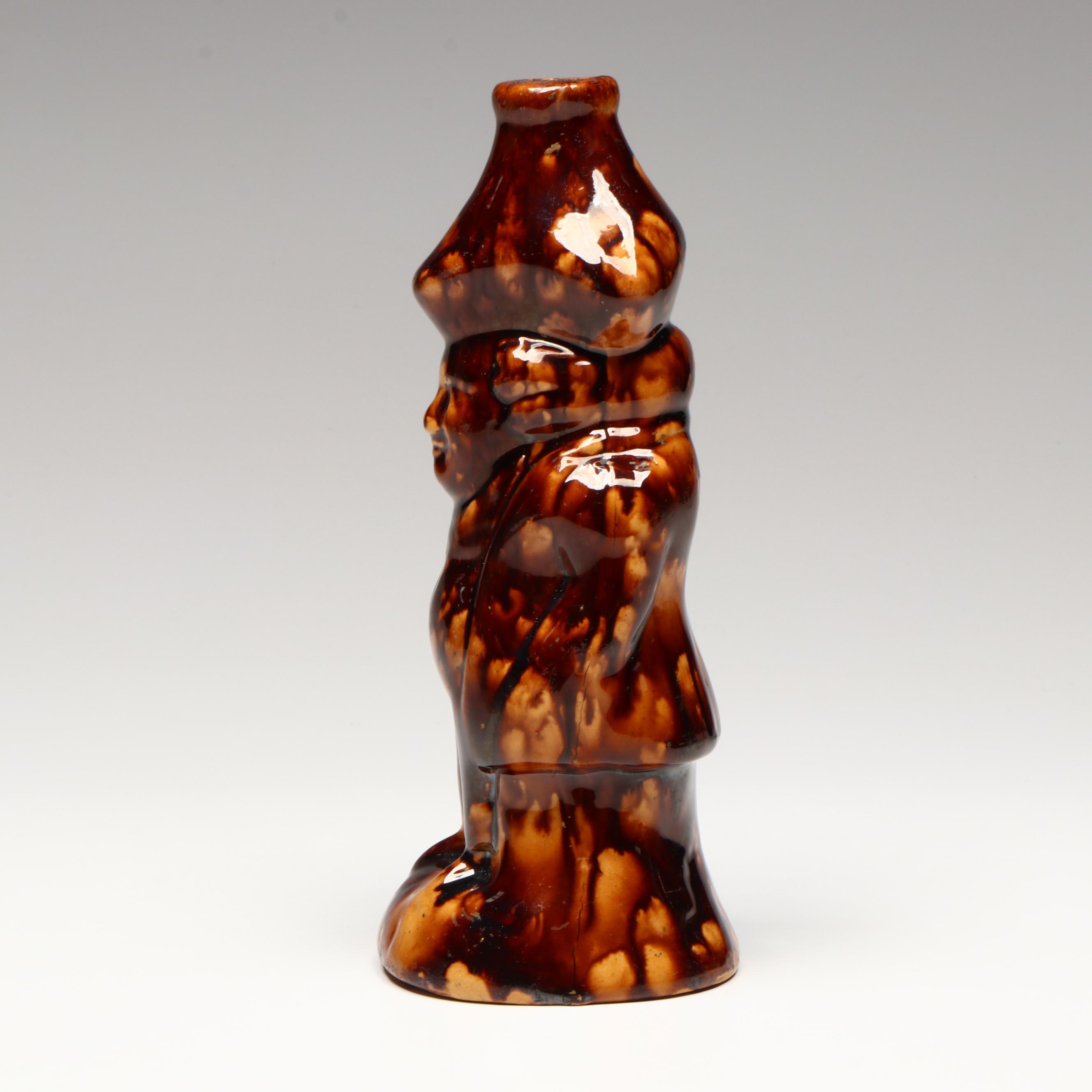 Bennington Rockingham Glazed Yellowware Toby Bottle Flask, 19th Century