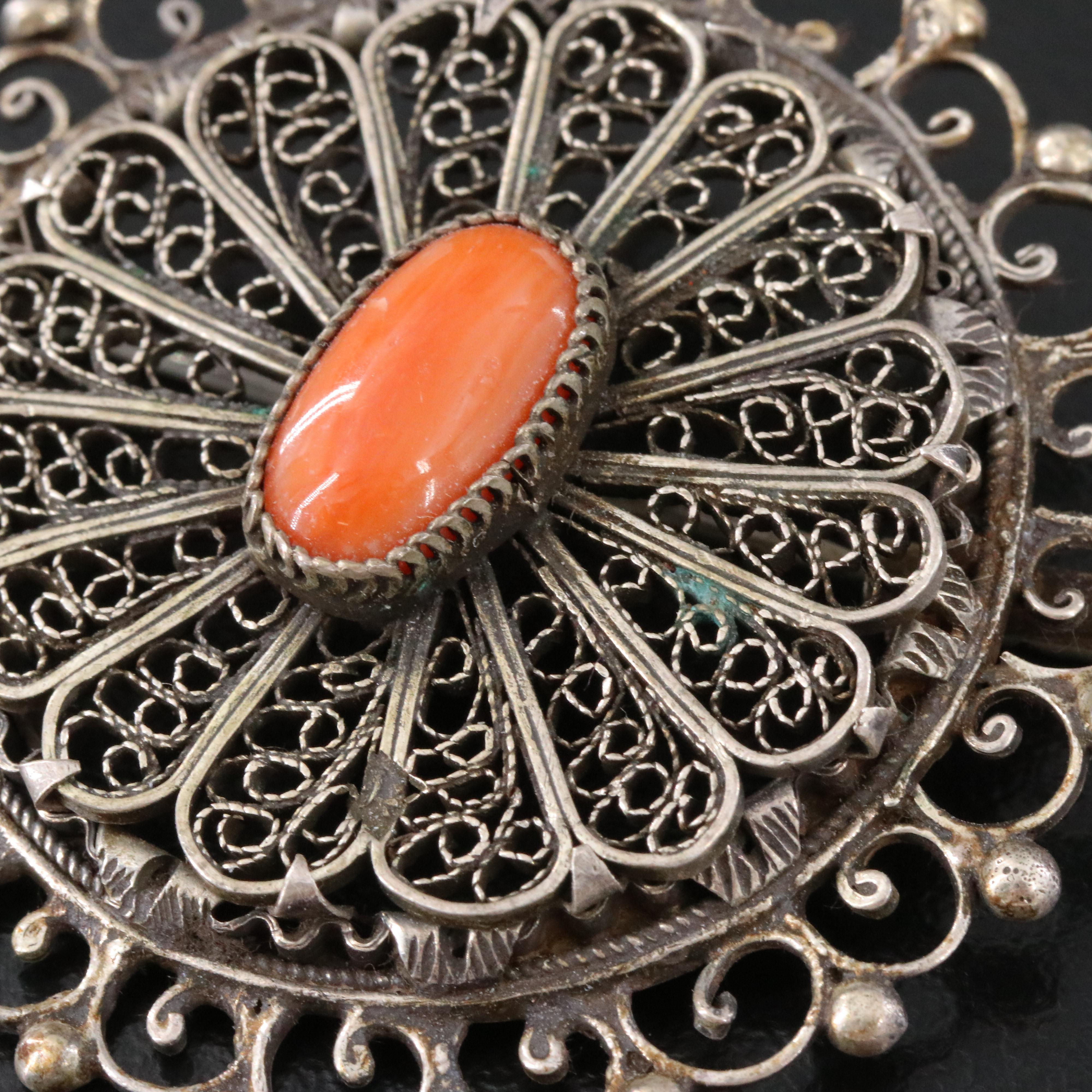 Vintage 800 Silver Coral Brooch