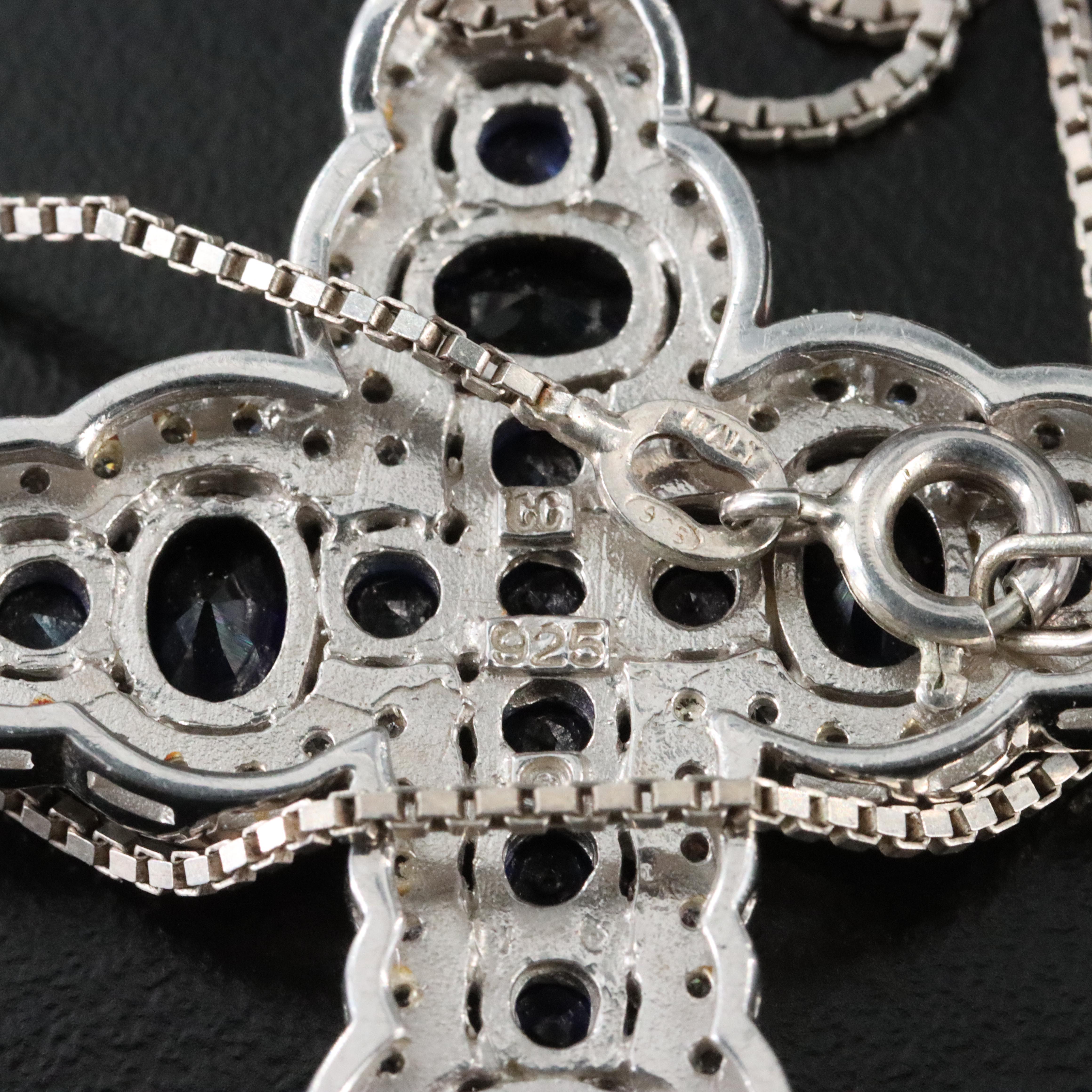 Sterling Sapphire and CZ Cross Pendant Necklace