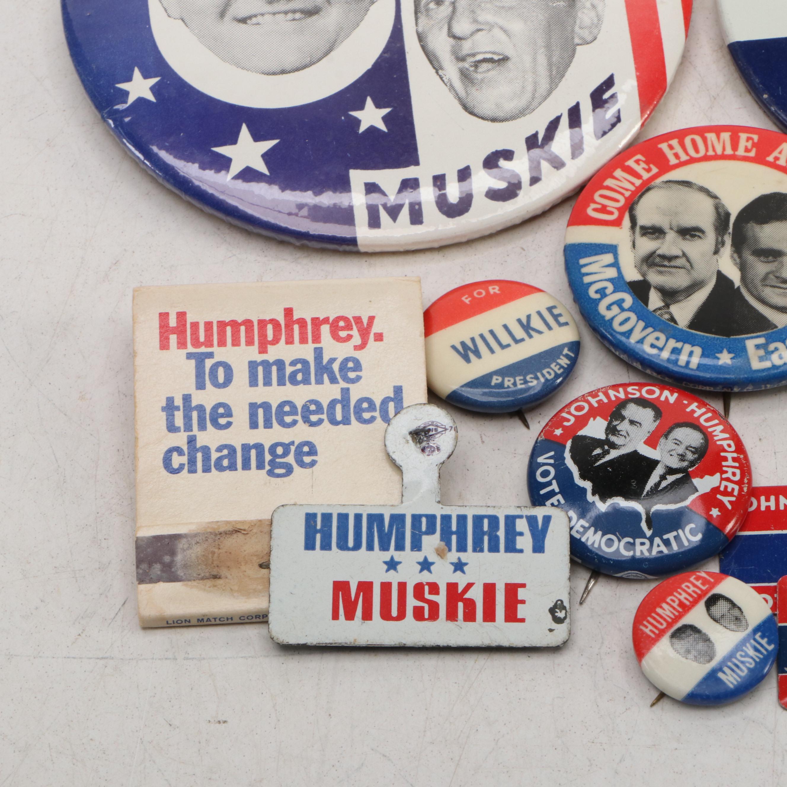 Lyndon B. Johnson and Hubert Humphreys Matchbook with Other Pinbacks