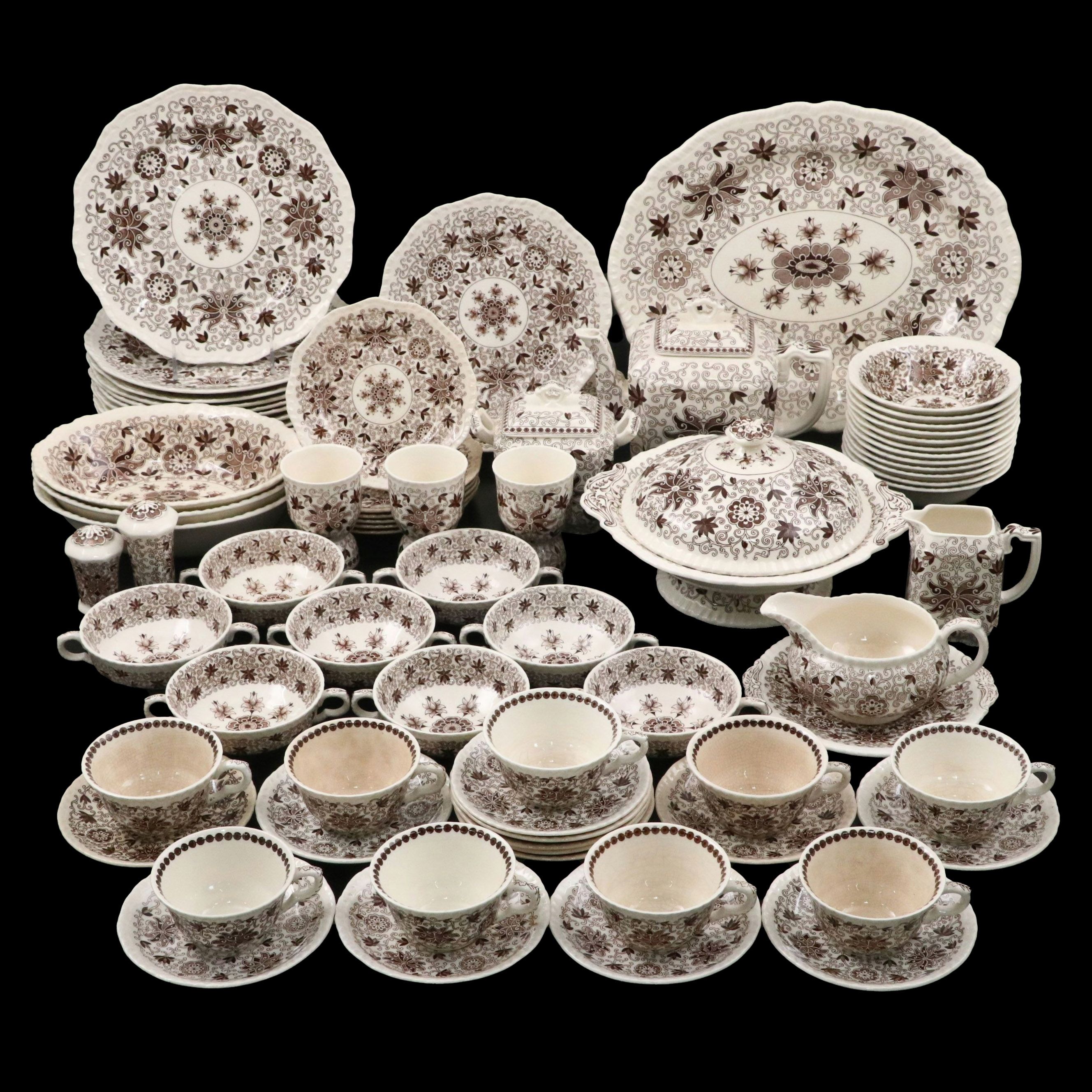 Mason's Ironstone "Bow Bells" Brown Transferware Dinnerware and Serving Pieces
