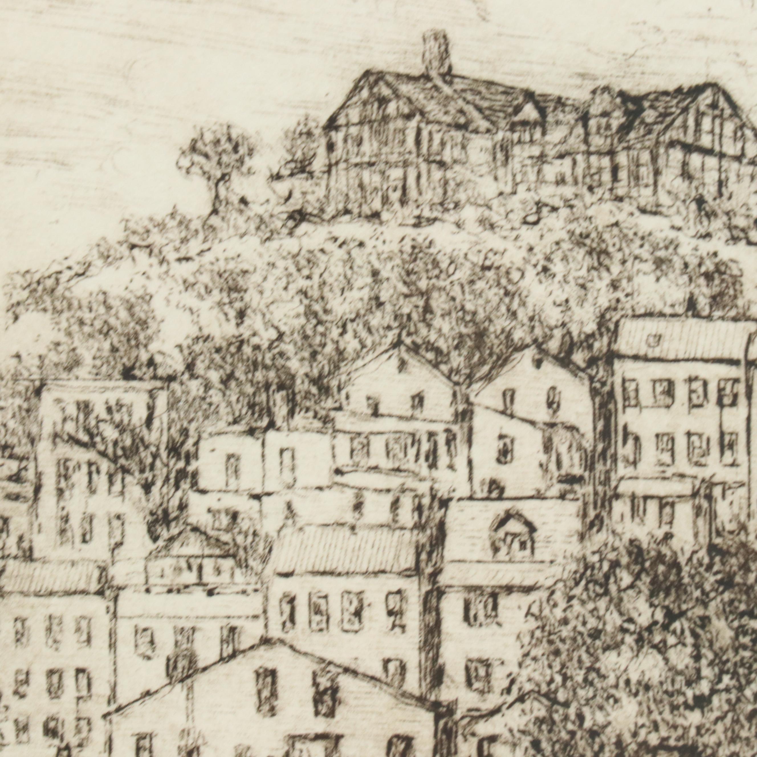 Etching by E.T. Hurley of Cincinnati's Mount Adams Incline, Early 20th C.