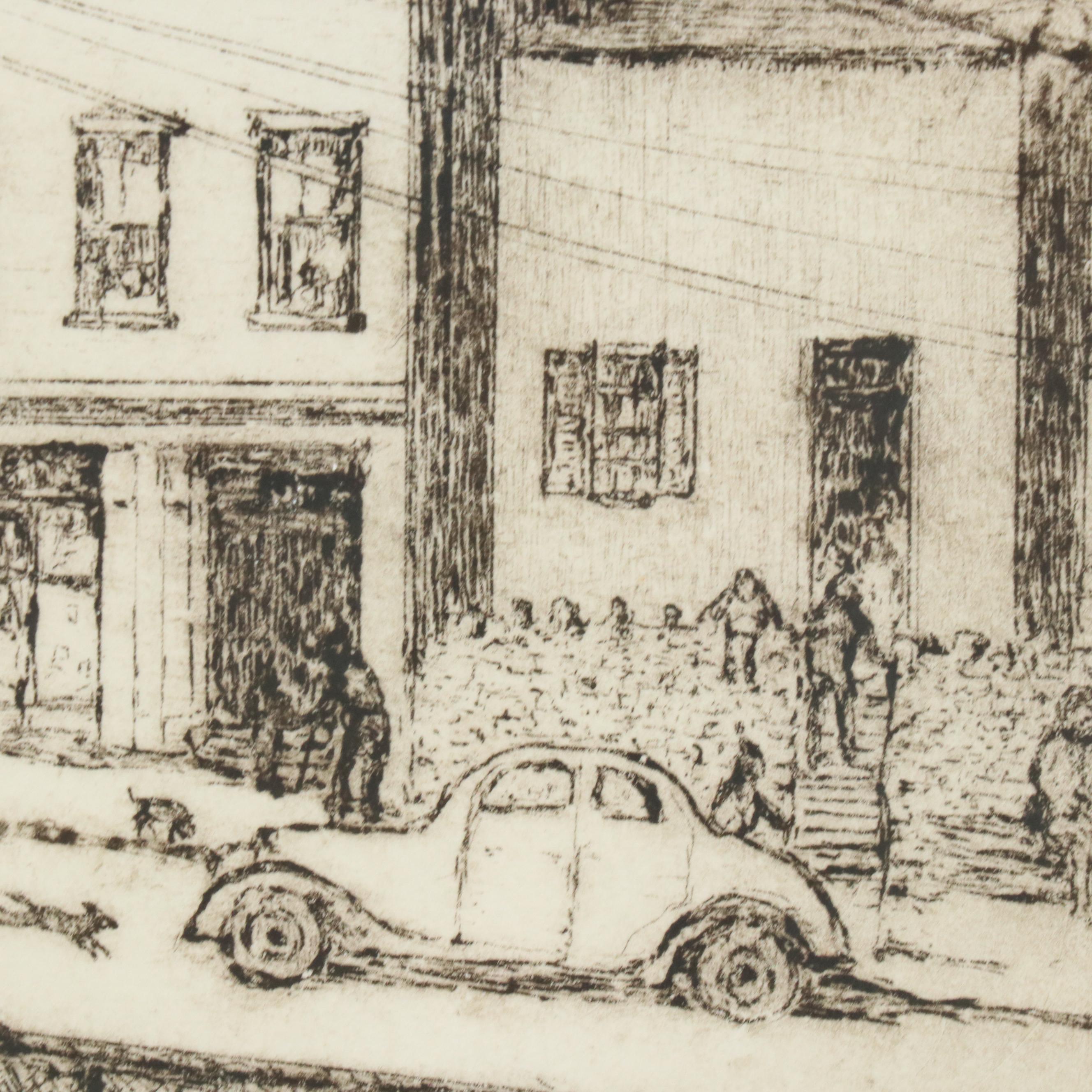 Etching by E.T. Hurley of Cincinnati's Mount Adams Incline, Early 20th C.