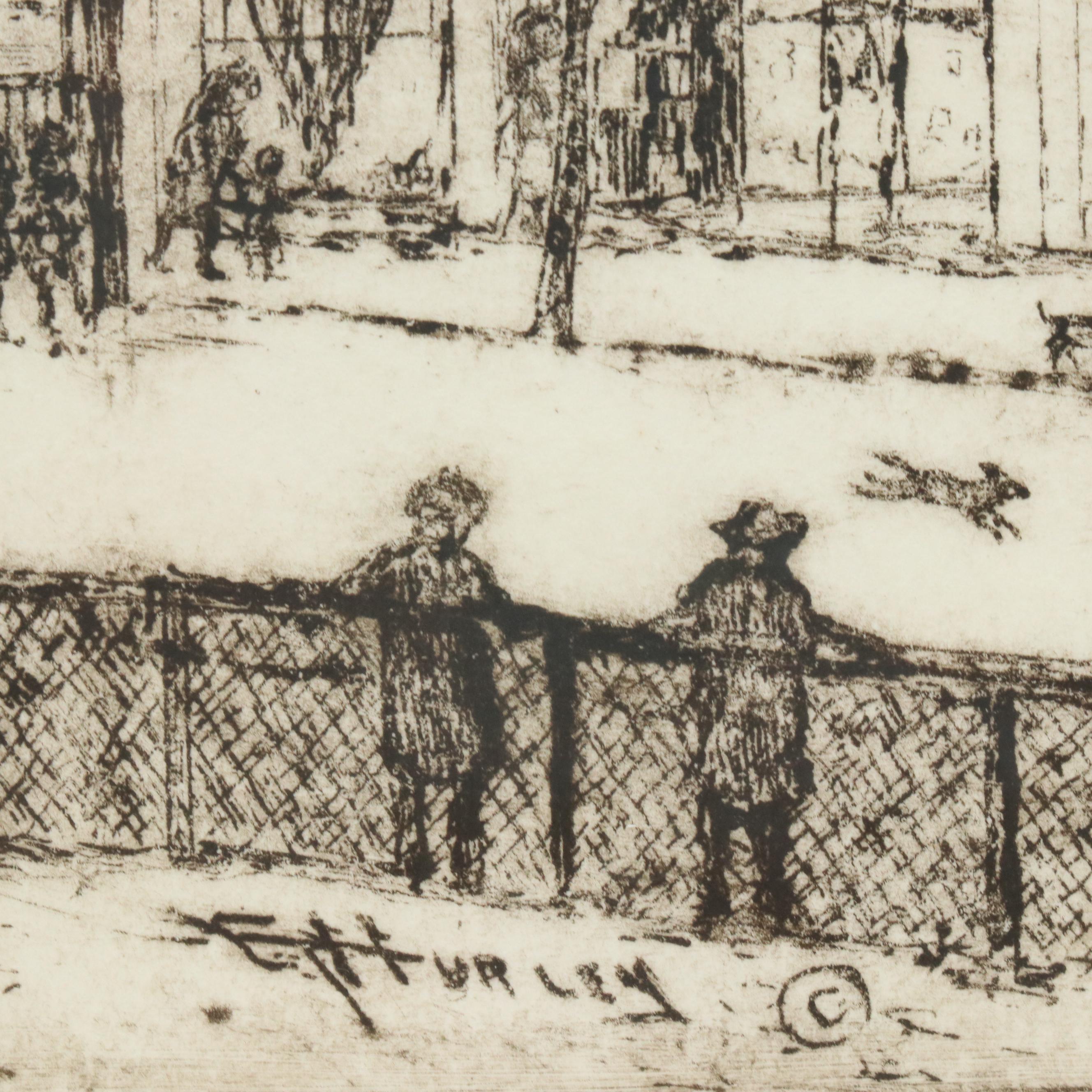 Etching by E.T. Hurley of Cincinnati's Mount Adams Incline, Early 20th C.