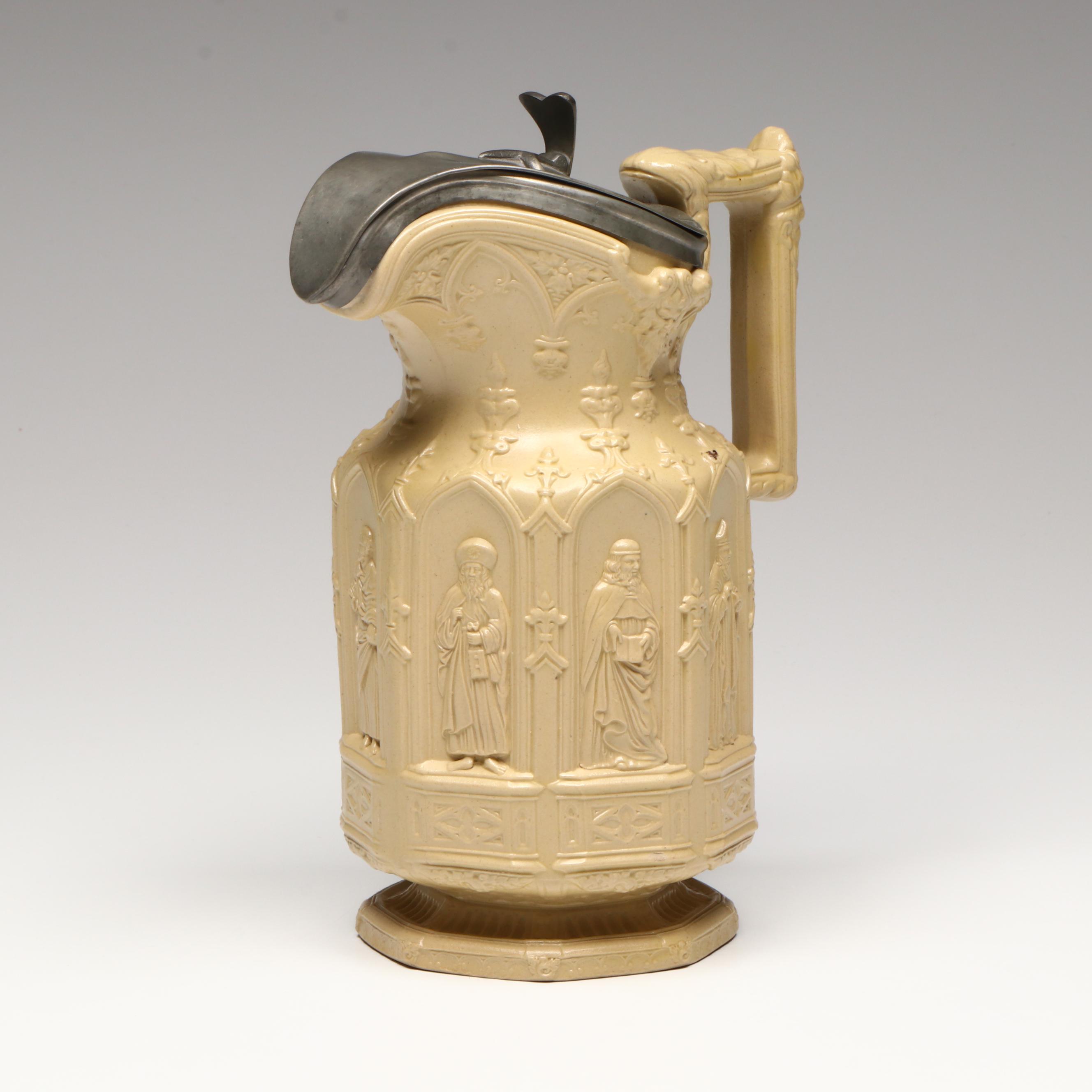 Charles Meigh English Press Molded Stoneware Pitcher with Apostles, 1843