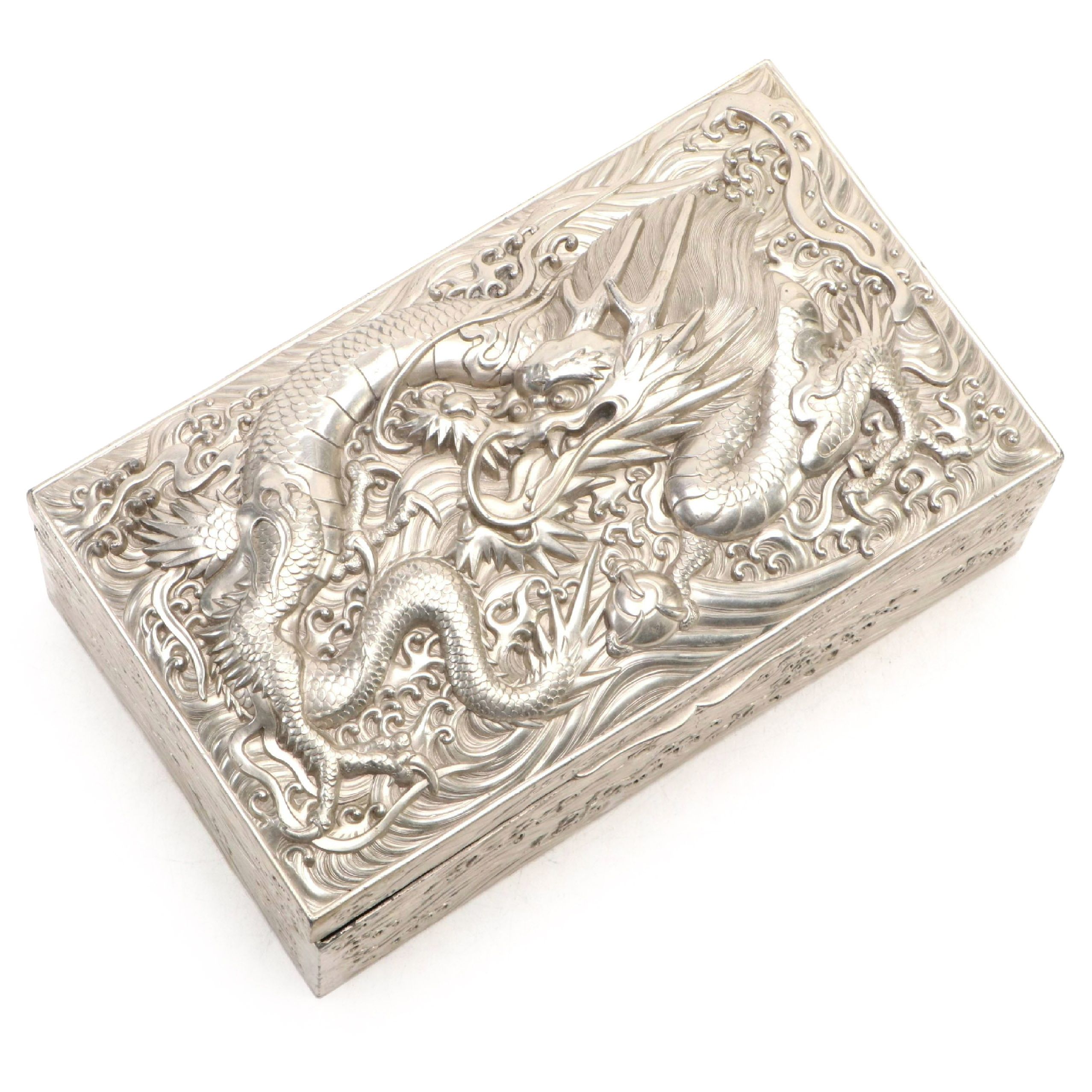 Chinese Export Silver Dragon Chasing Pearl Box, Late 19th/ Early 20th Century