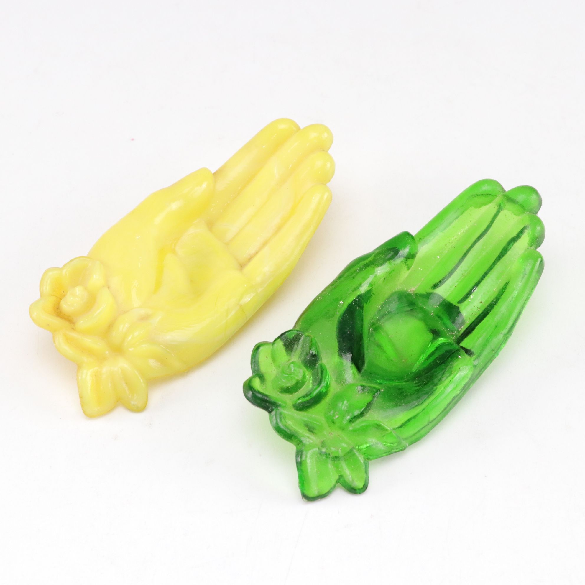 Degenhart Colored & Uranium Glass Trinket Dish Hands & Bird Salt Cellars