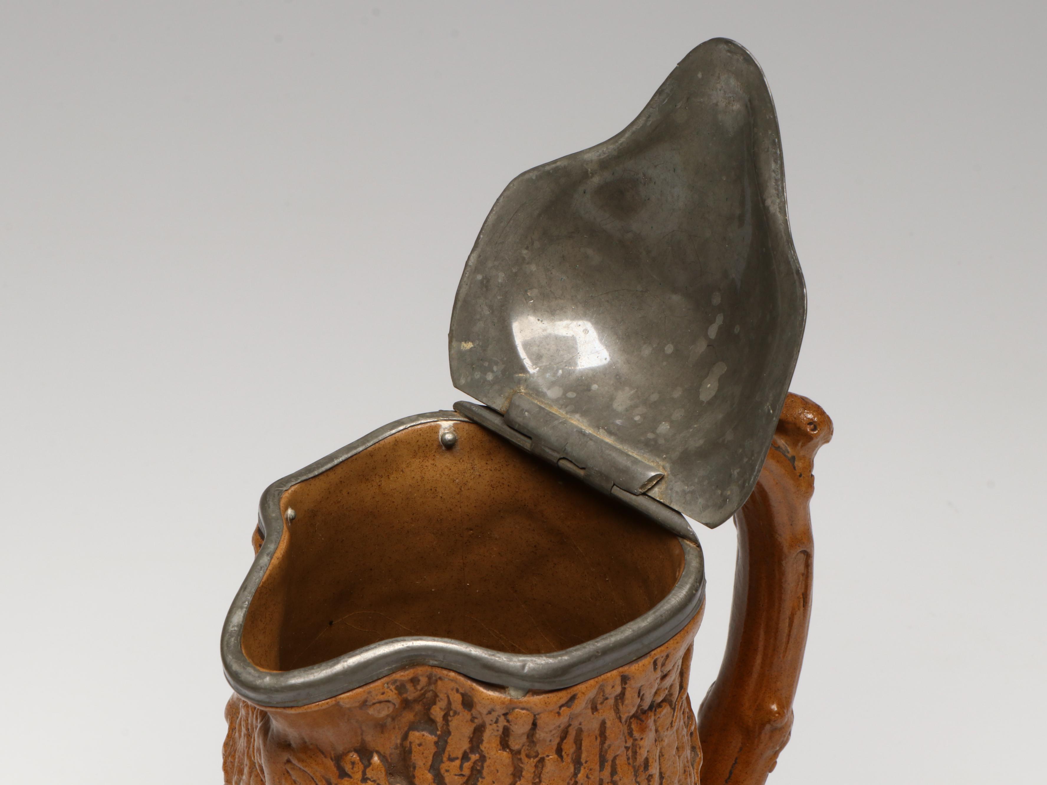 German Jugendstil "Baumstamm" Molded Pottery Beer Stein Pitcher with Pewter Lid