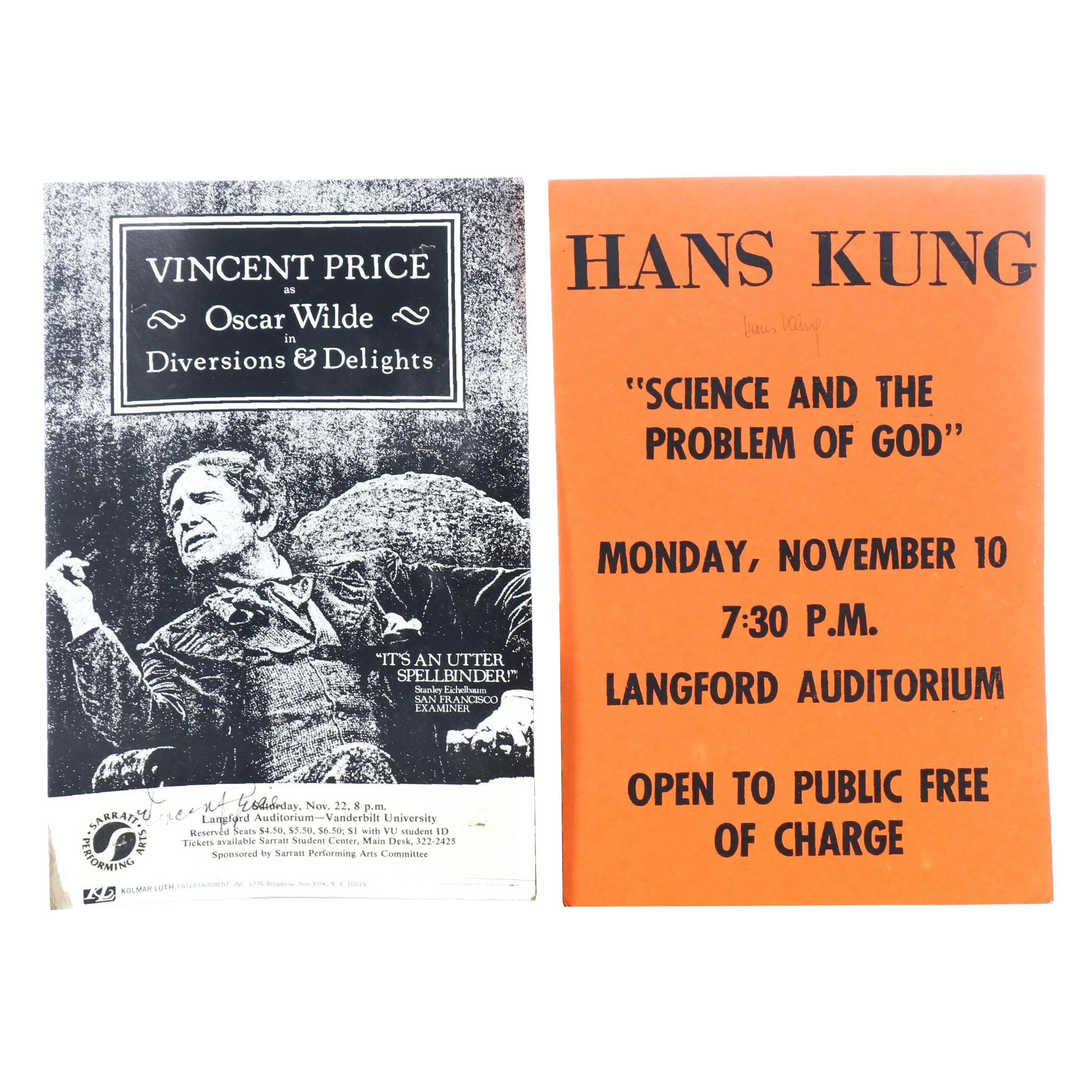 Vincent Price and Hans Küng Signed Posters, Mid to Late 20th Century