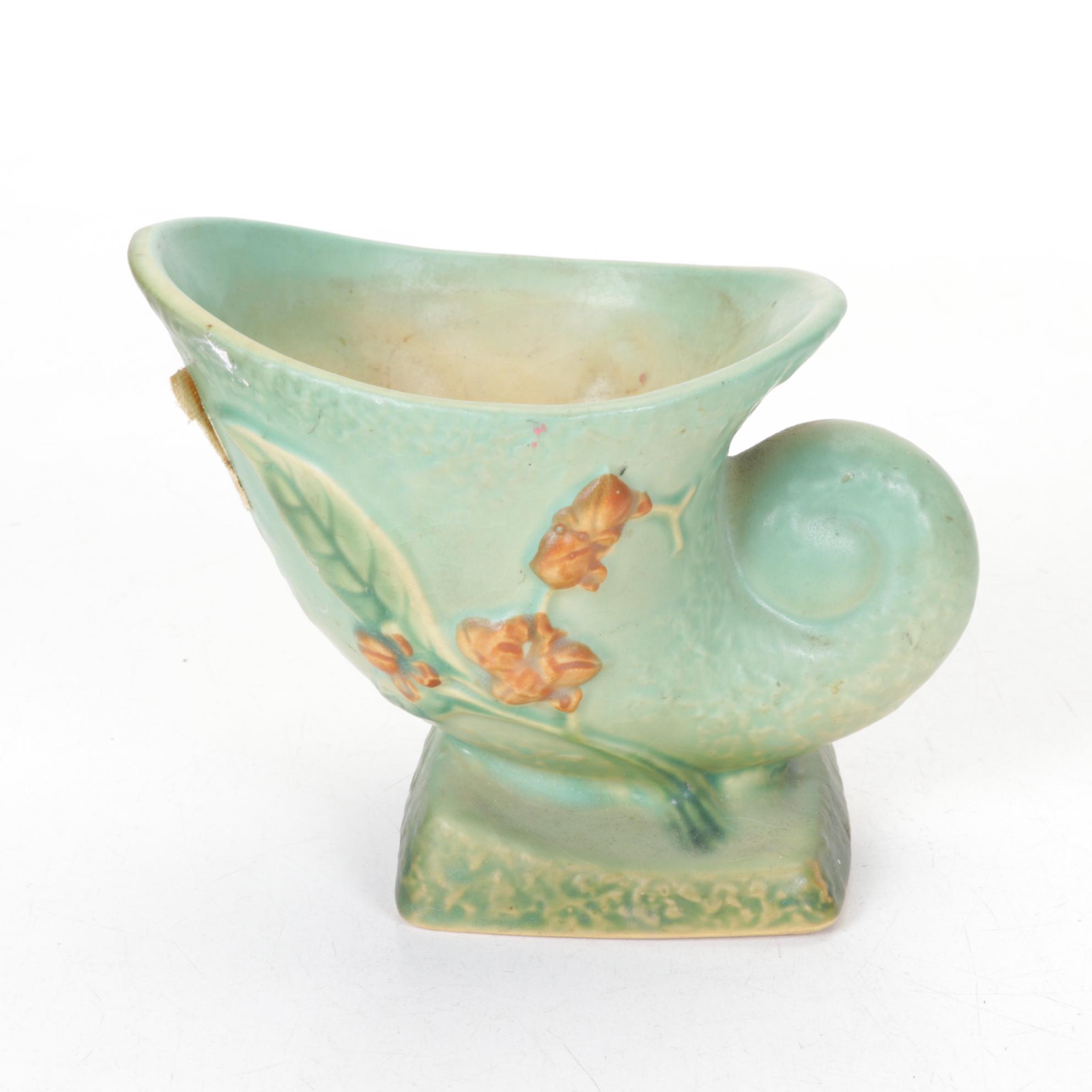 Roseville "Bittersweet Green" Cornucopia Vase and "Pine Cone" Basket