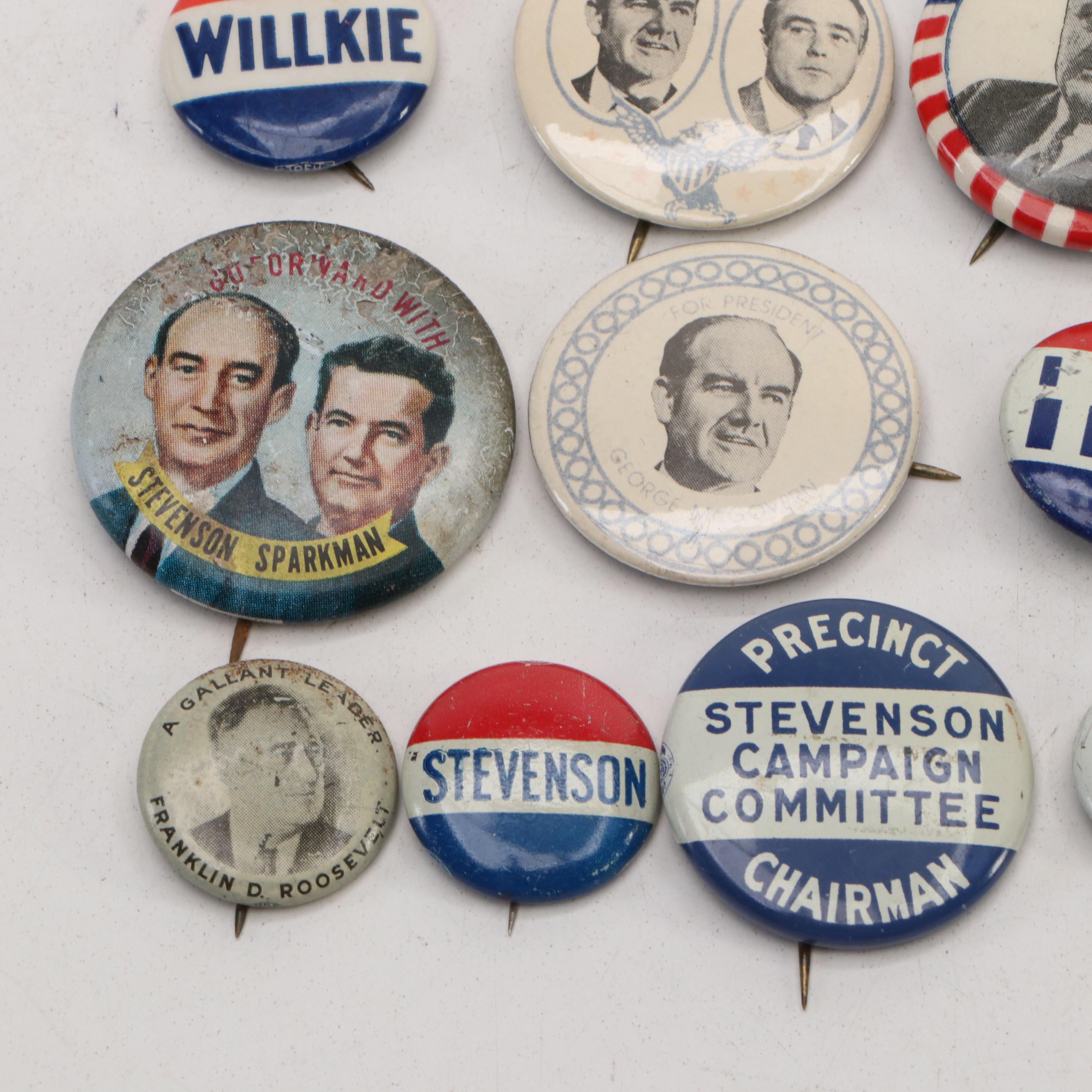 Franklin D. Roosevelt, Harry S. Truman, Adlai Stevenson Pinbacks with Other Pins