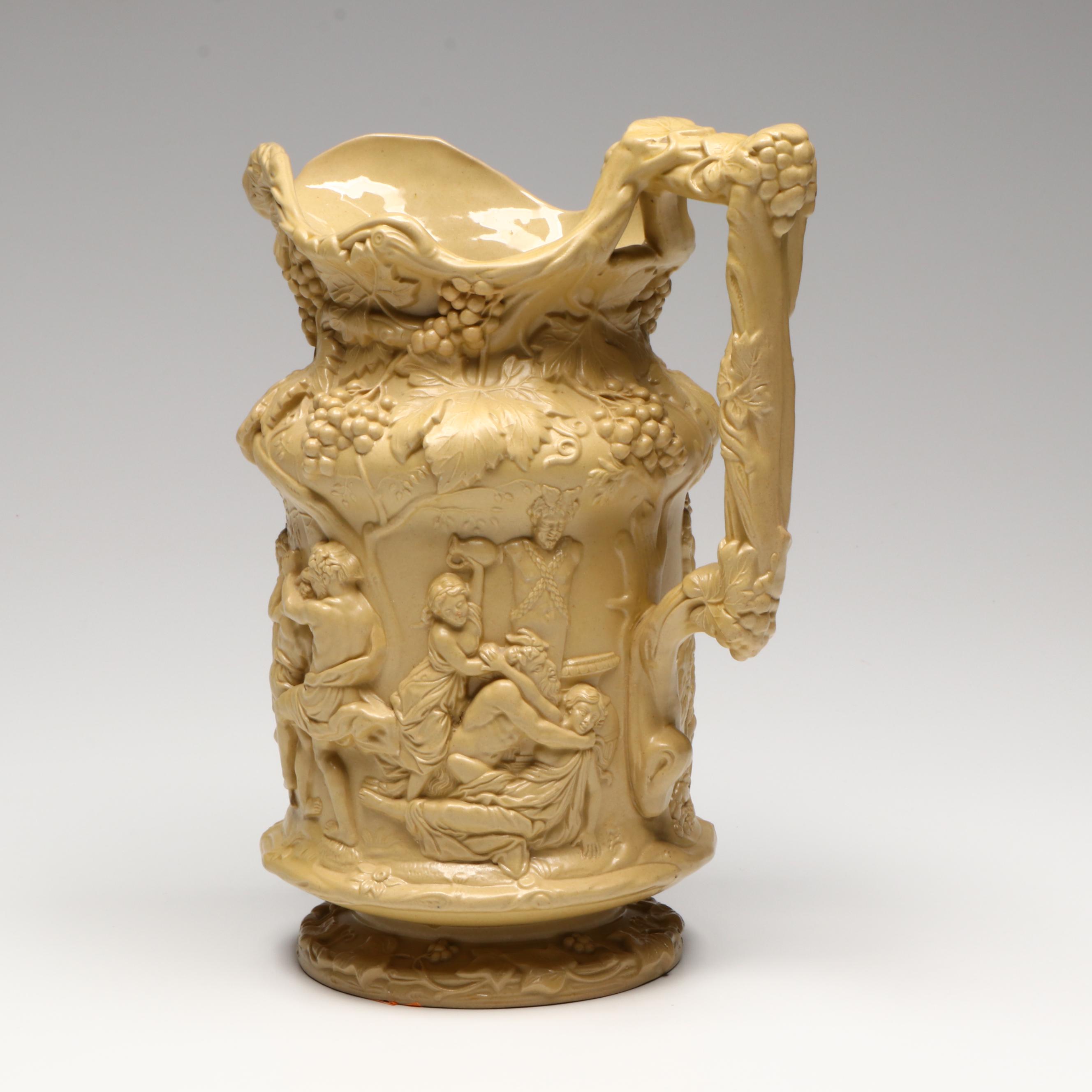 Charles Meigh English Relief Molded Earthenware Bacchanalian Pitcher, 1840s