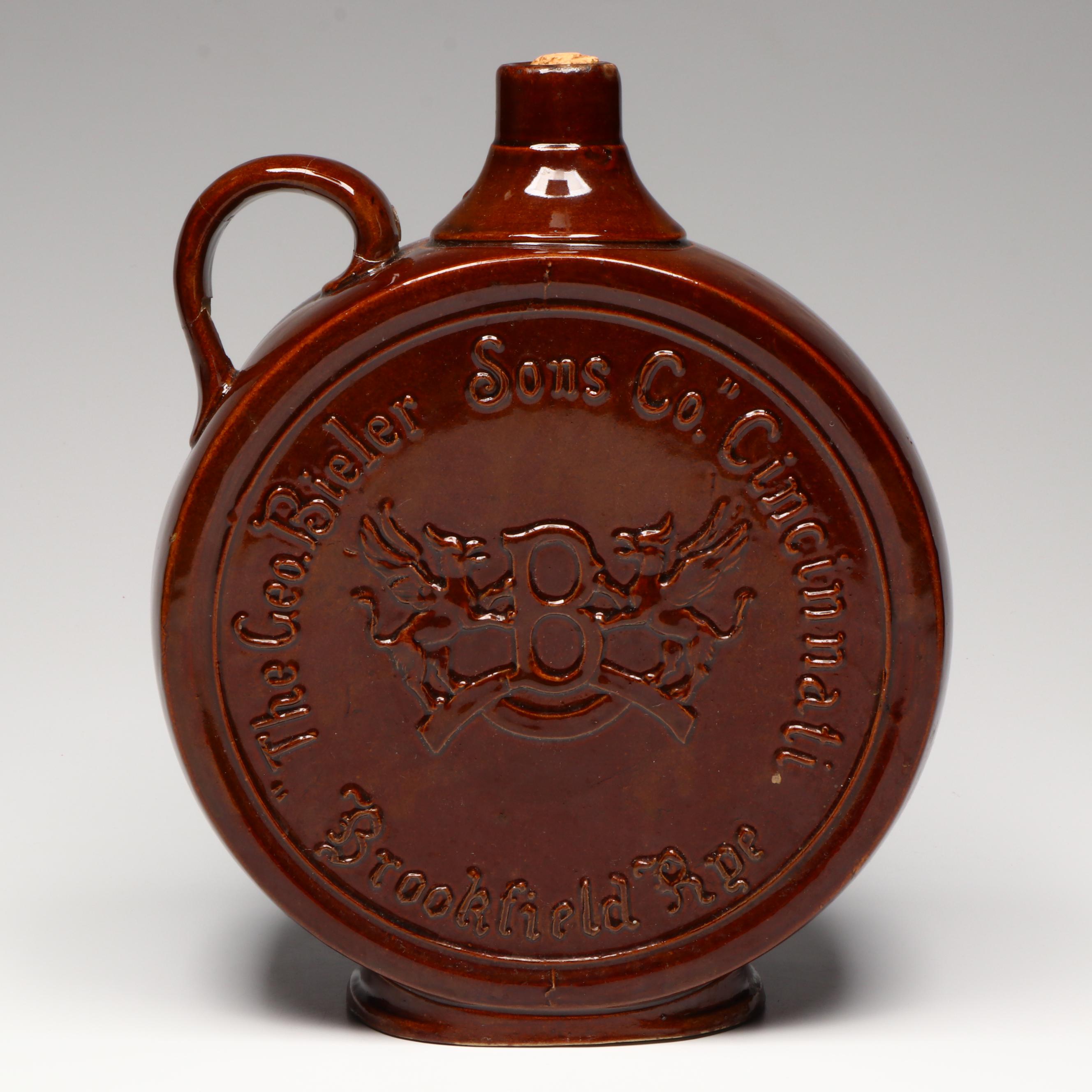 The George Bieler Sons Co, Brownware Brookfield Rye Canteen Shaped Decanter