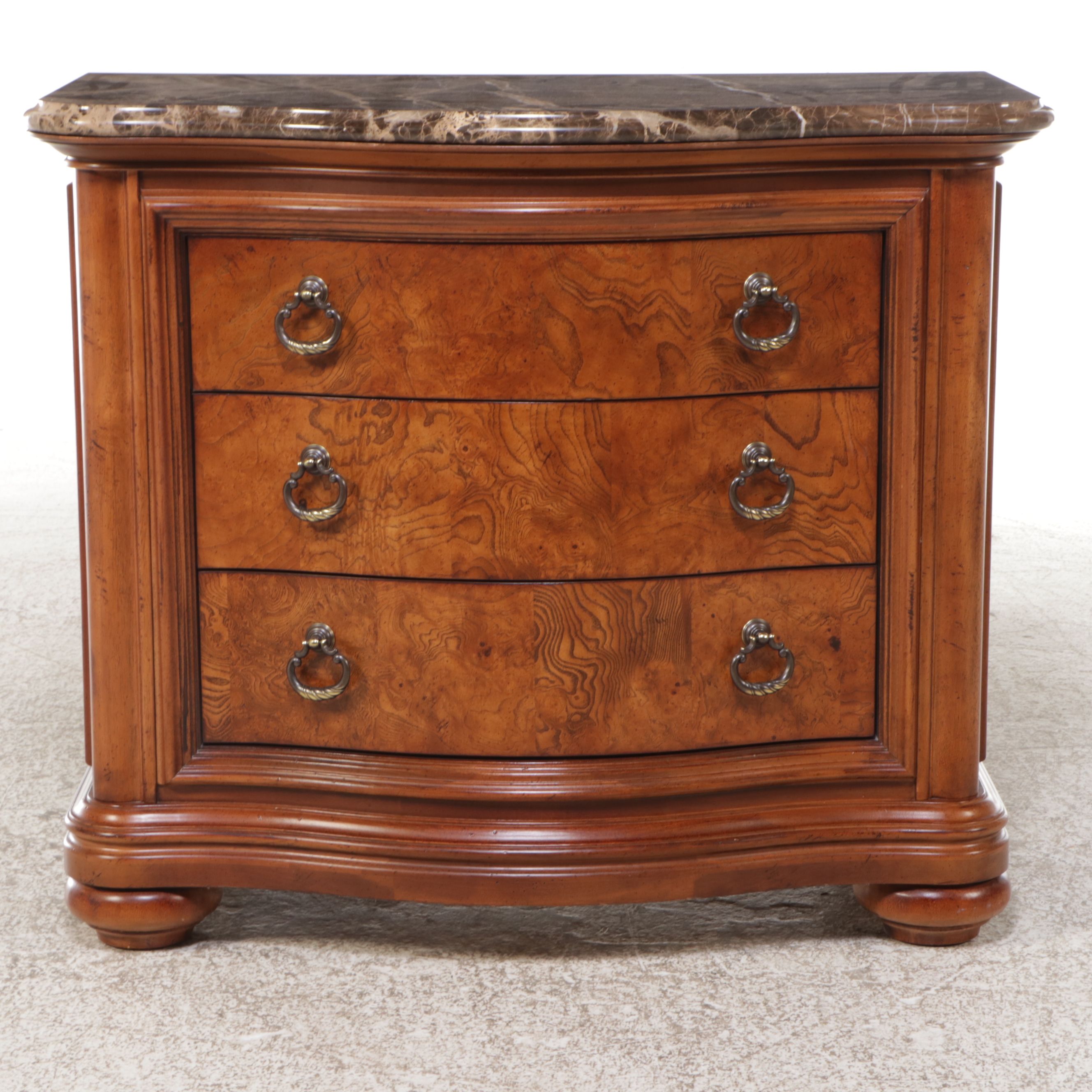 Thomasville Marble Top Burl Wood and Pecan Serpentine Front Chest