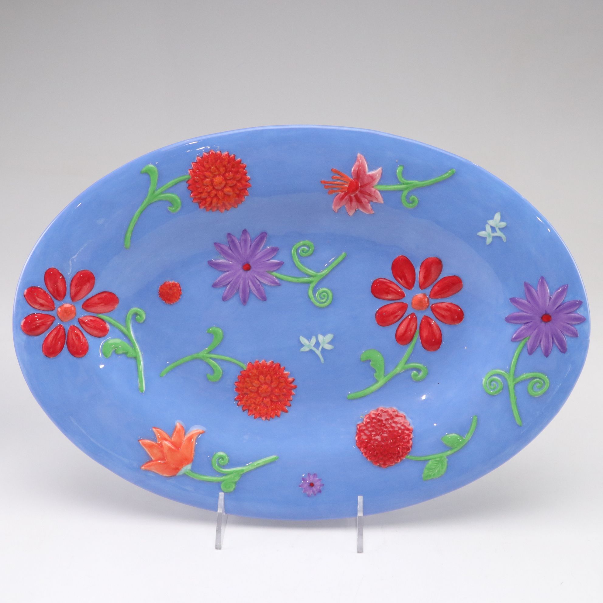 Periwinkle and Yellow Hand-Decorated Raised Flower Motif Dinnerware Set