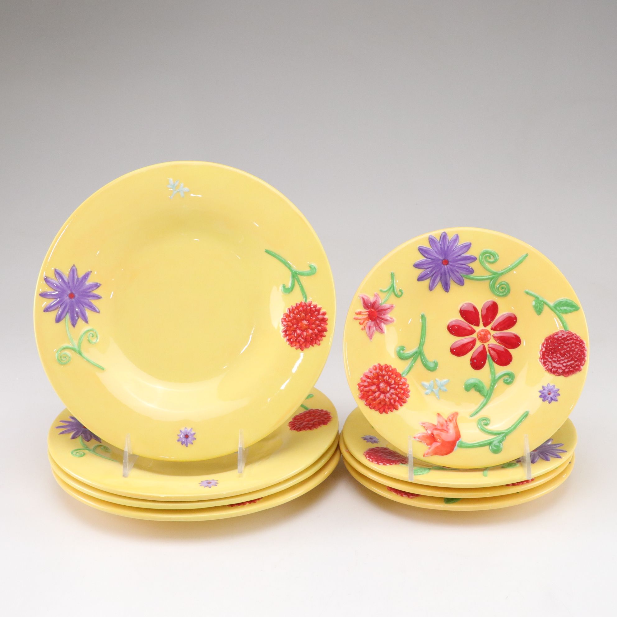 Periwinkle and Yellow Hand-Decorated Raised Flower Motif Dinnerware Set