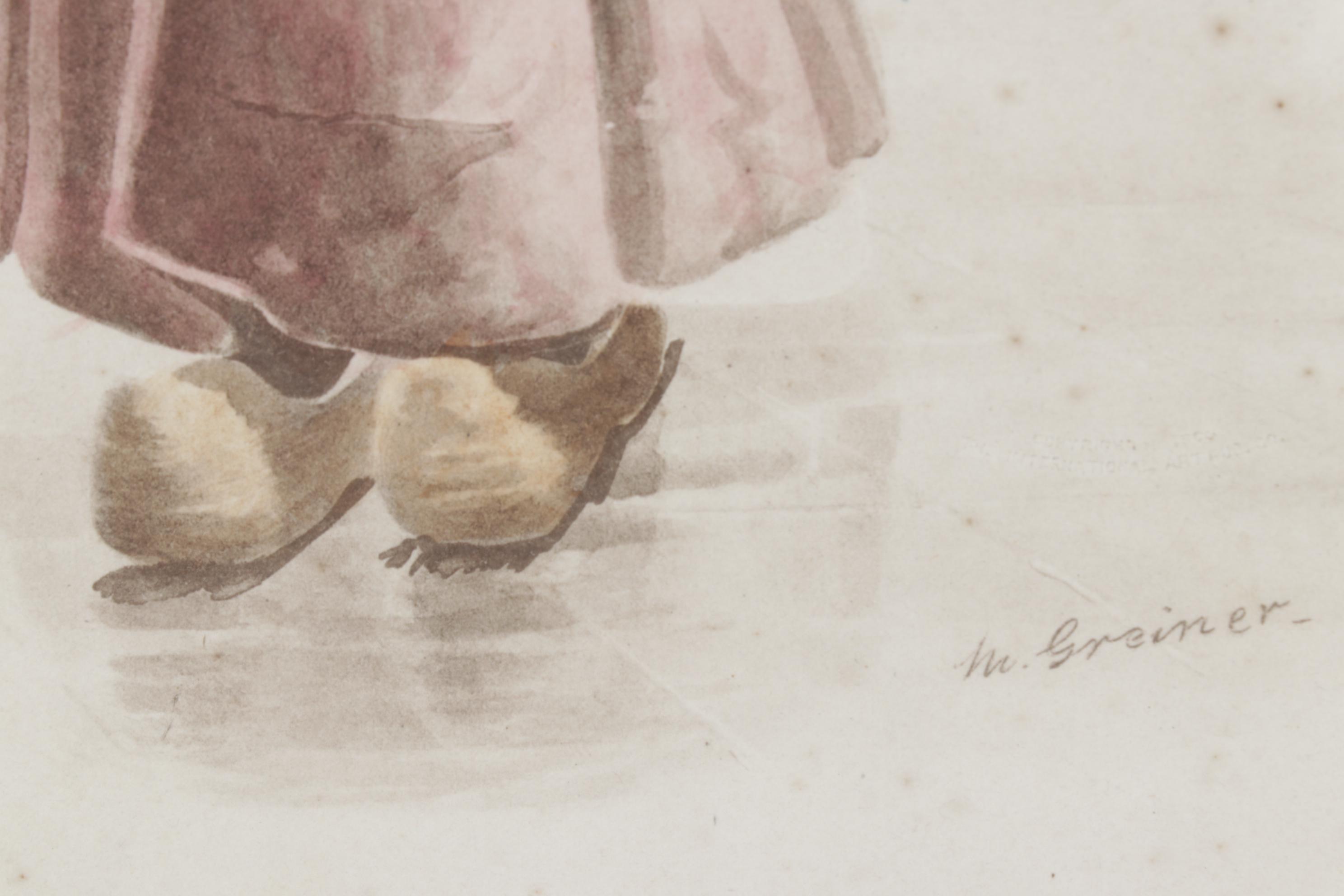 Hand-Colored Sepia Lithograph after Magnus Greiner with Craft Embellishments