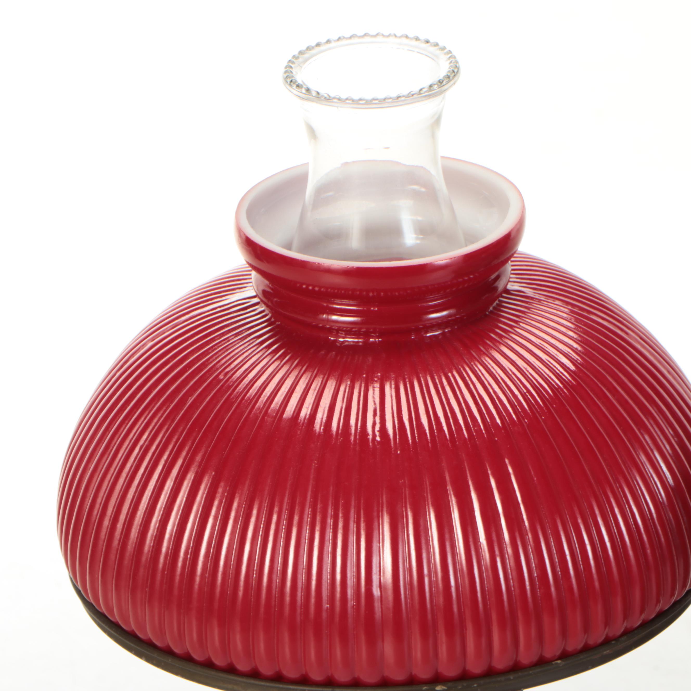 Brass Dual Arm Student Oil Lamp & Ribbed Red Glass Shades, Adapted Mid-20th C