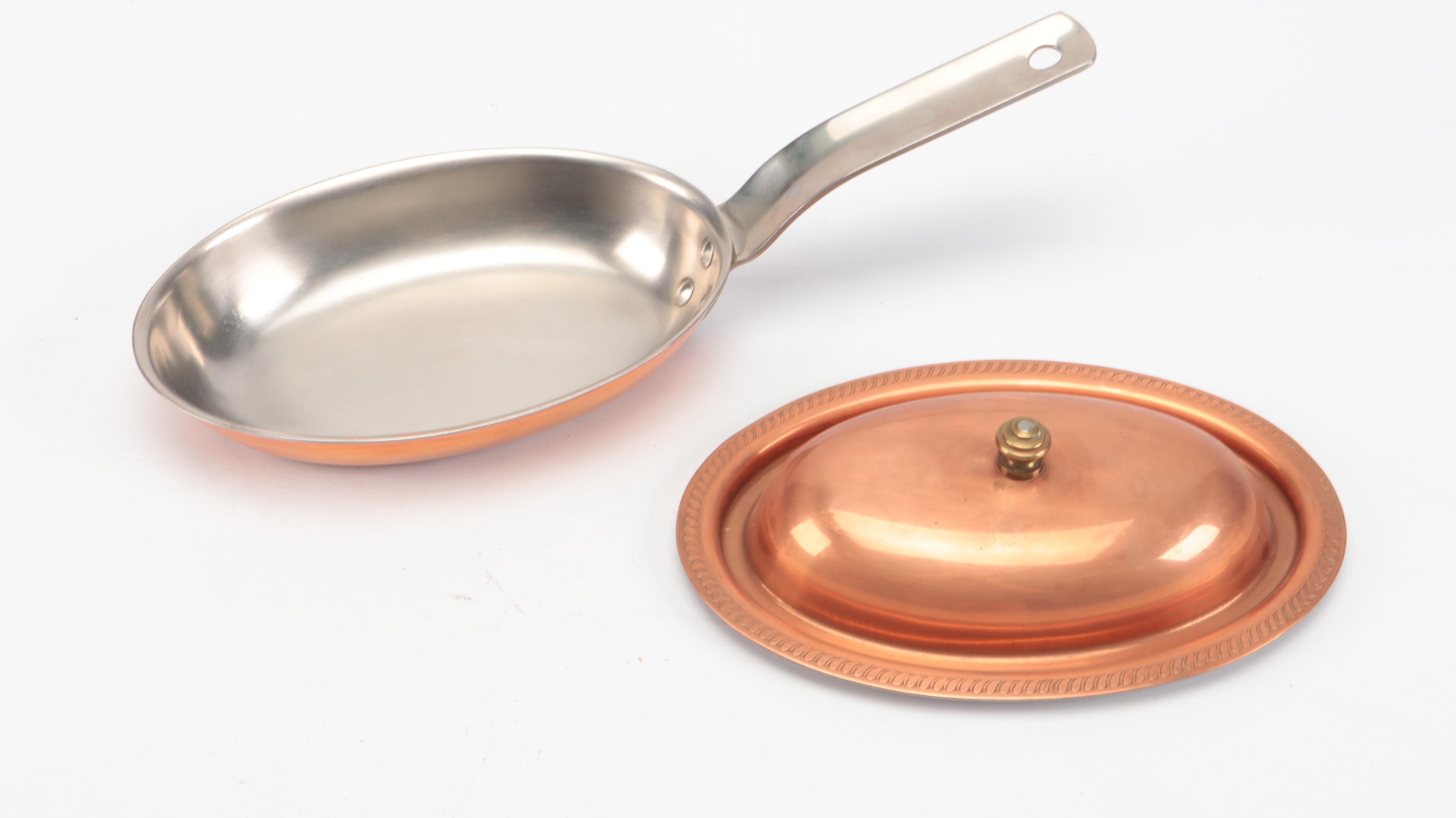 Copper and Ceramic Melting Pot with Other Copper Pots and Pans