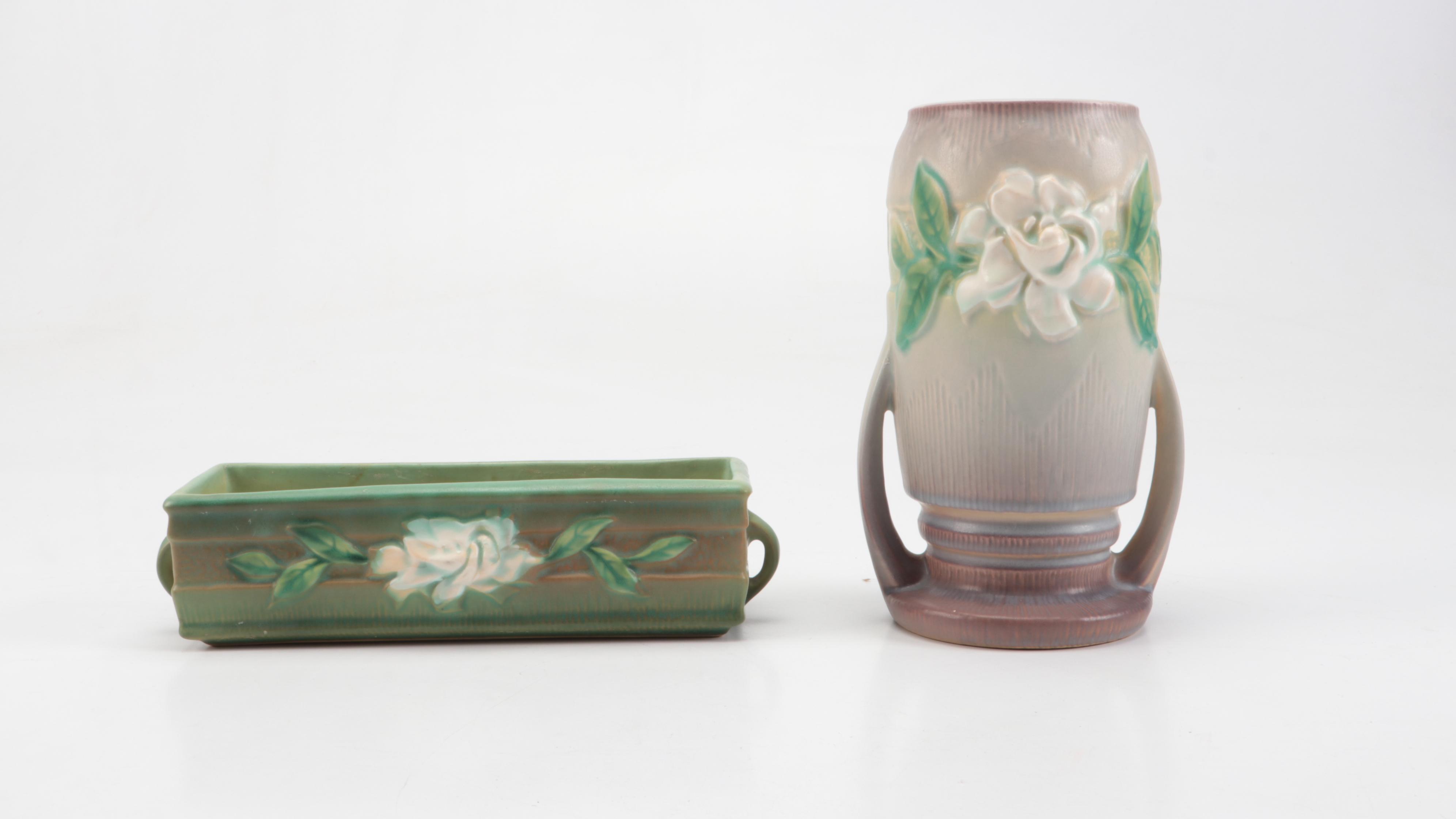 Roseville Pottery "Gardenia" Double Handled Vase and Window Planter, Mid-20th C.