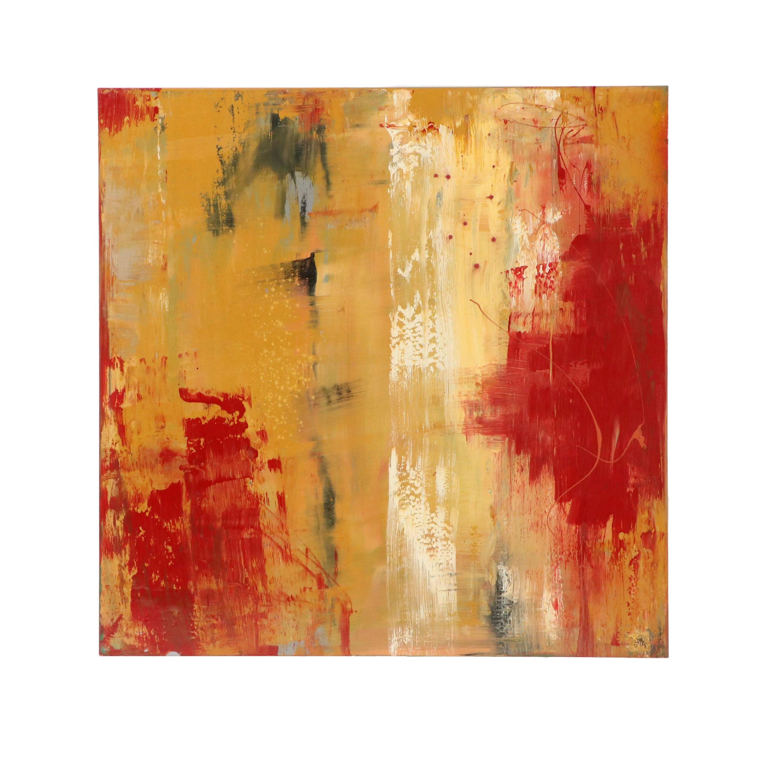 Non-Objective Abstract Acrylic Painting in Yellow and Red on Metal Sheet