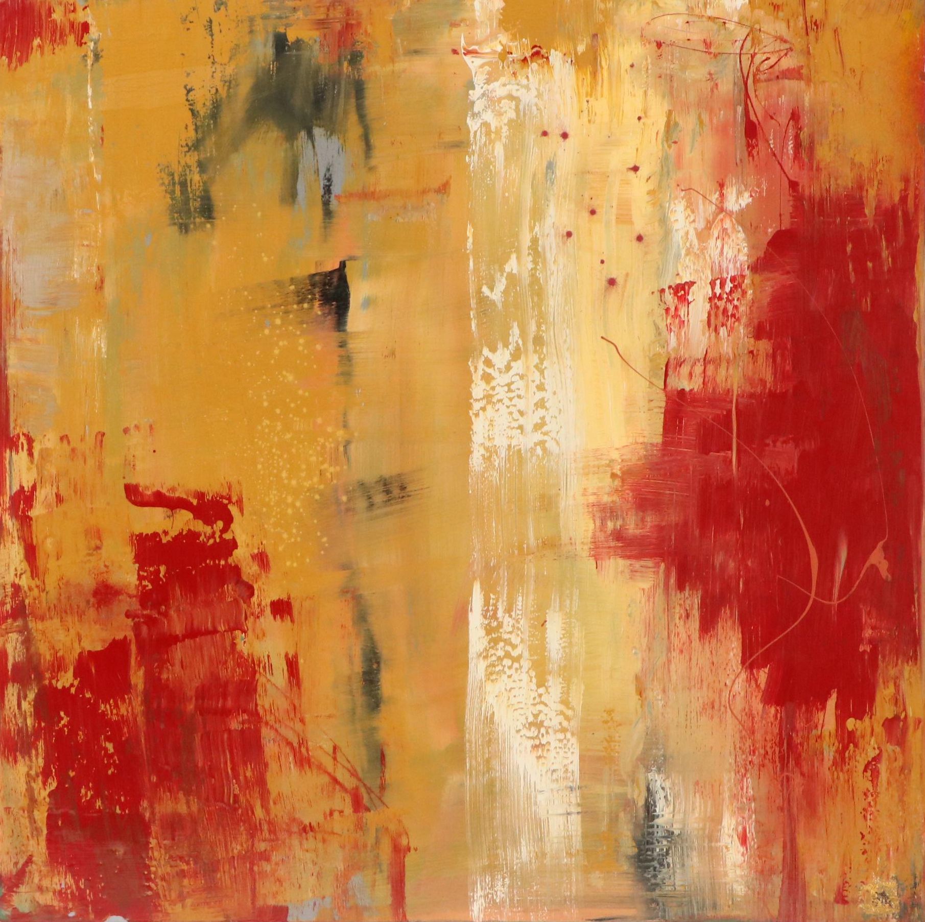 Non-Objective Abstract Acrylic Painting in Yellow and Red on Metal Sheet