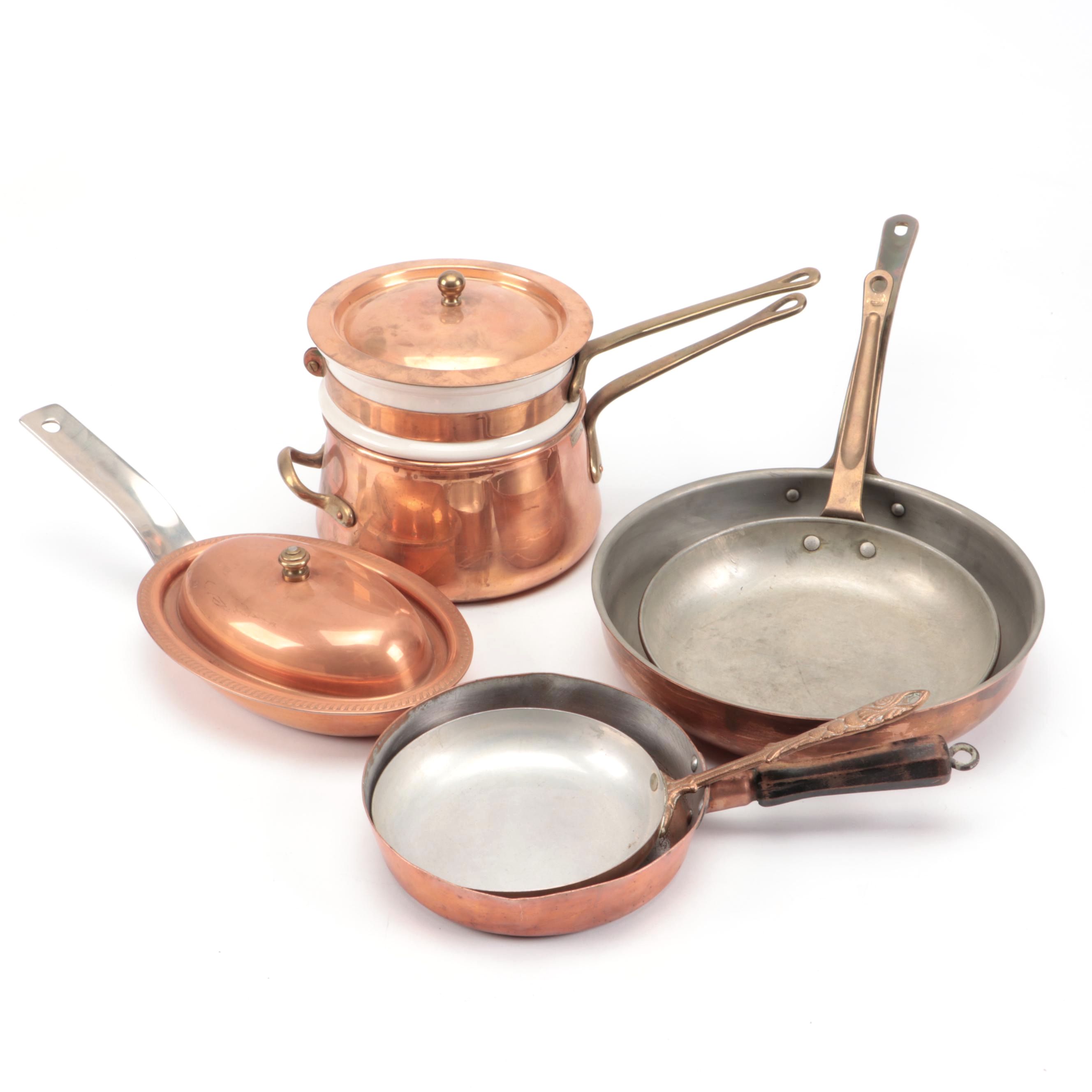 Copper and Ceramic Melting Pot with Other Copper Pots and Pans