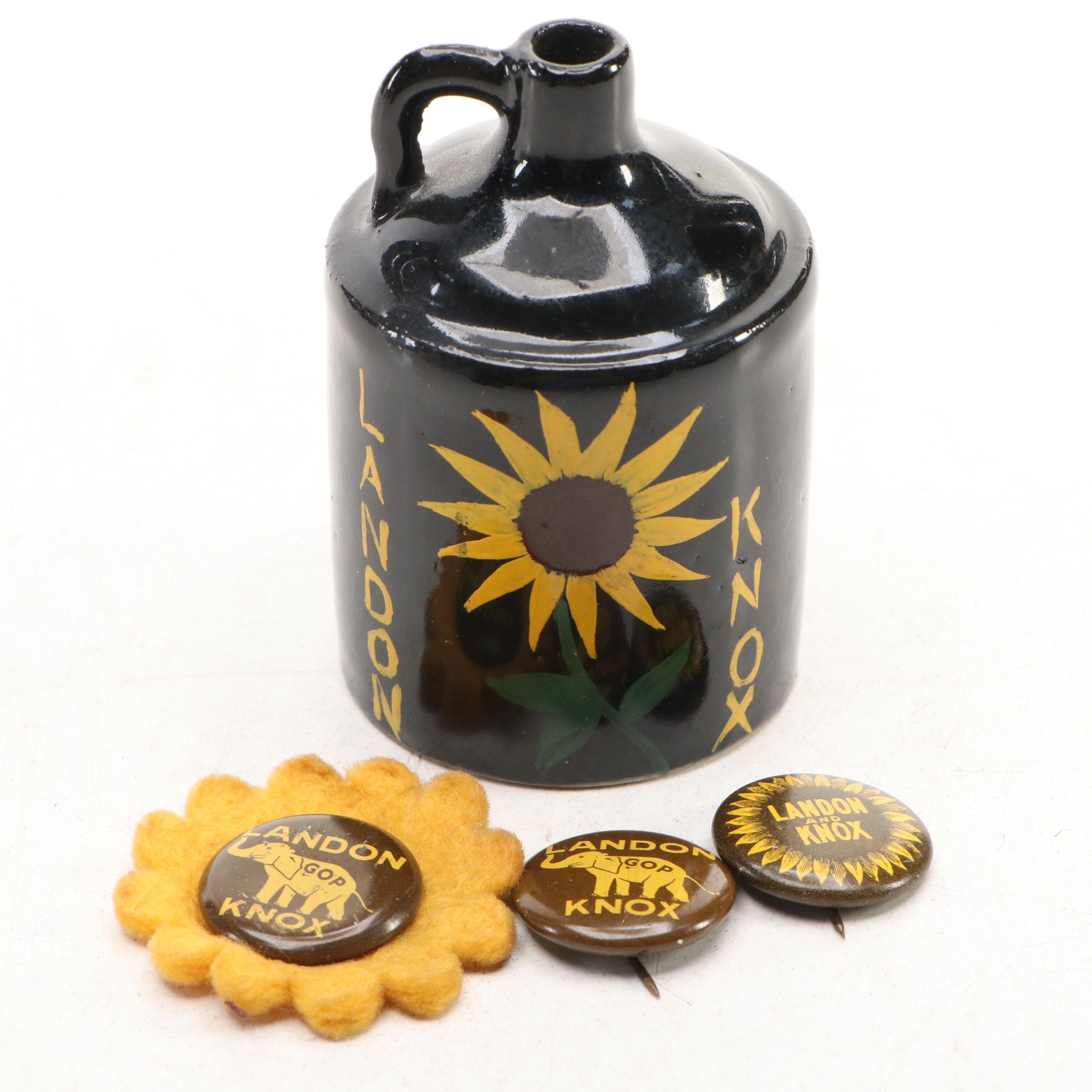 Alf Landon and Frank Knox Ceramic Bottle and Campaign Pins