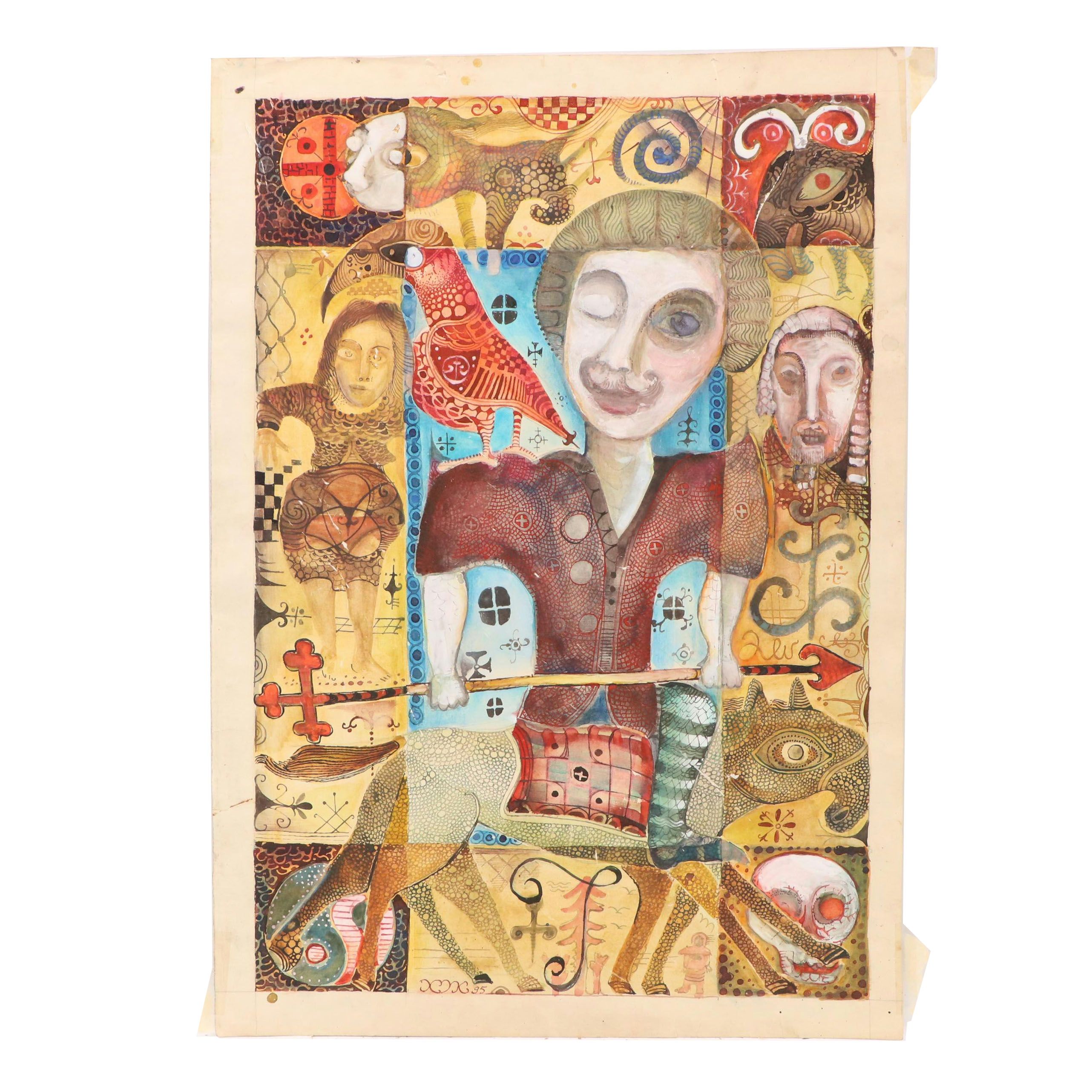 Nikolay "Kuk" Manuylov Figural Surrealist Mixed Media Illustration, 1995