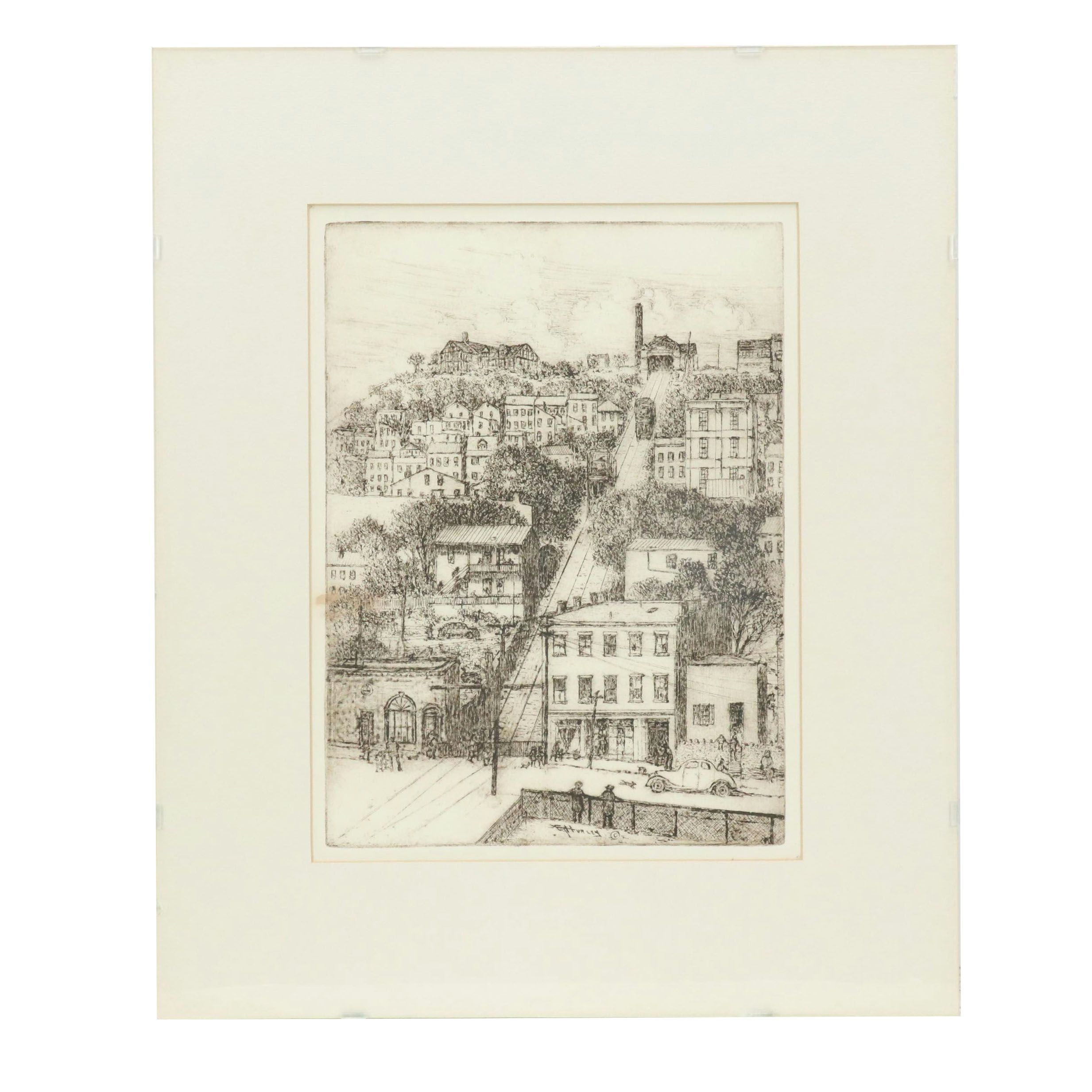 Etching by E.T. Hurley of Cincinnati's Mount Adams Incline, Early 20th C.