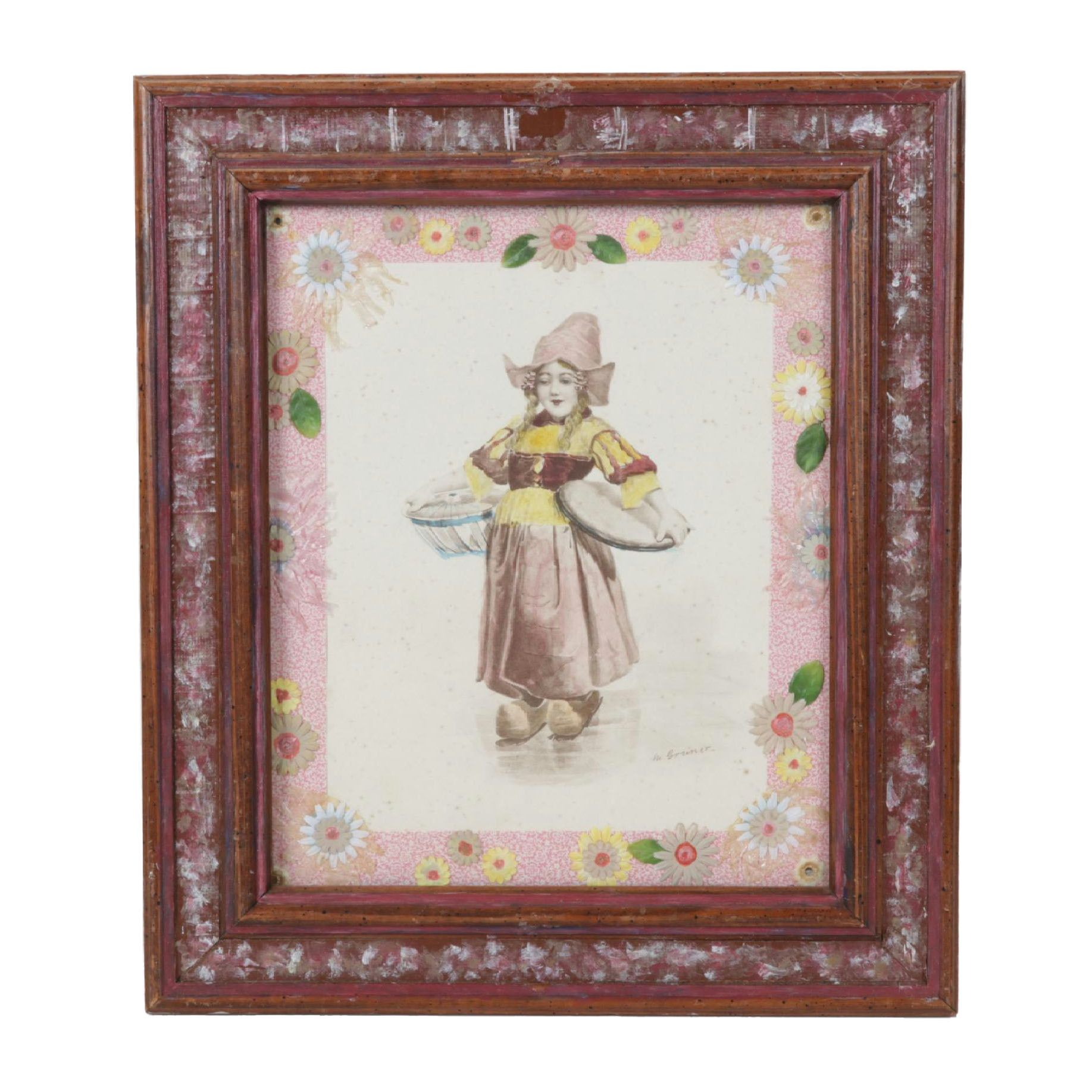 Hand-Colored Sepia Lithograph after Magnus Greiner with Craft Embellishments