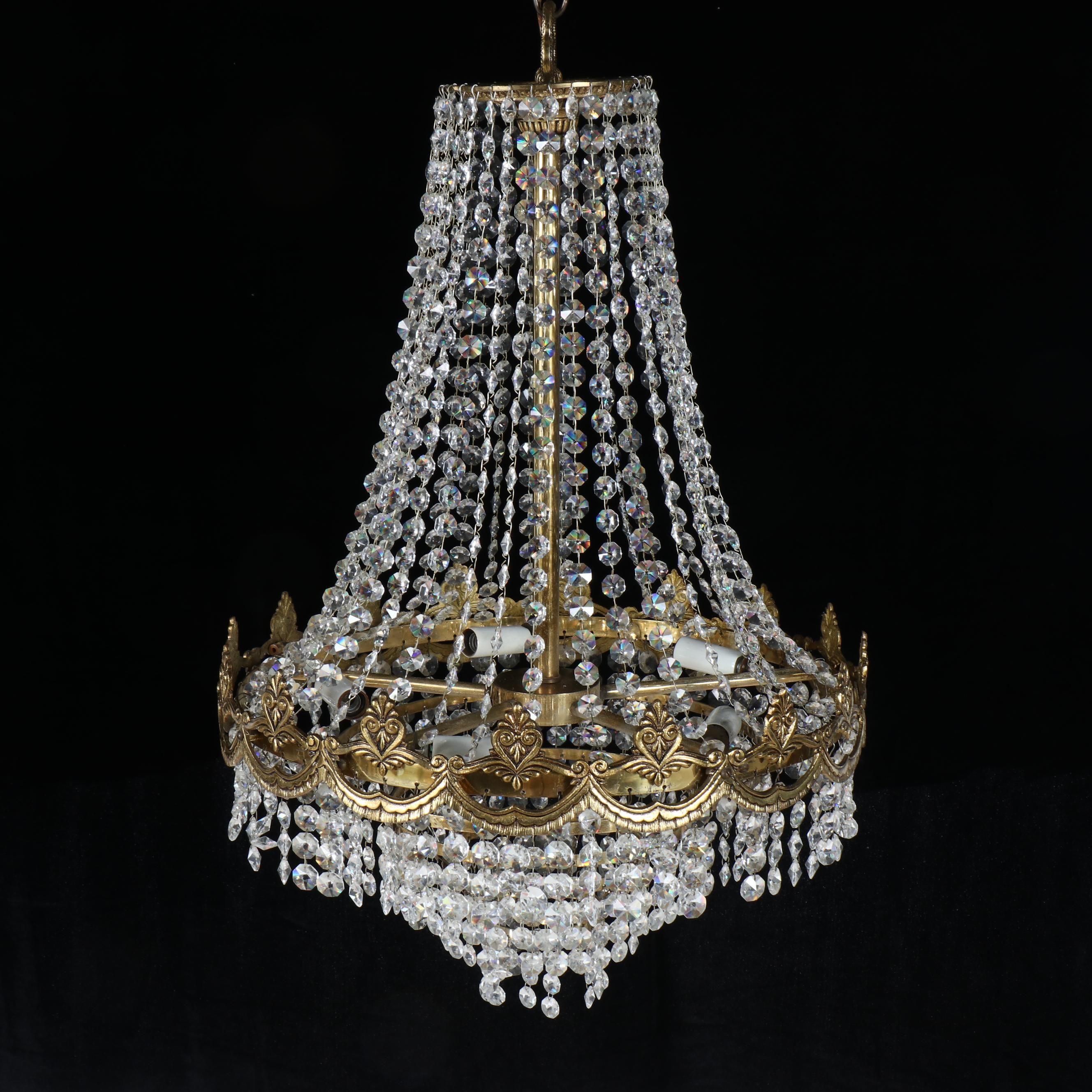 French Empire Style Gilt Metal and Crystal Beaded Chandelier
