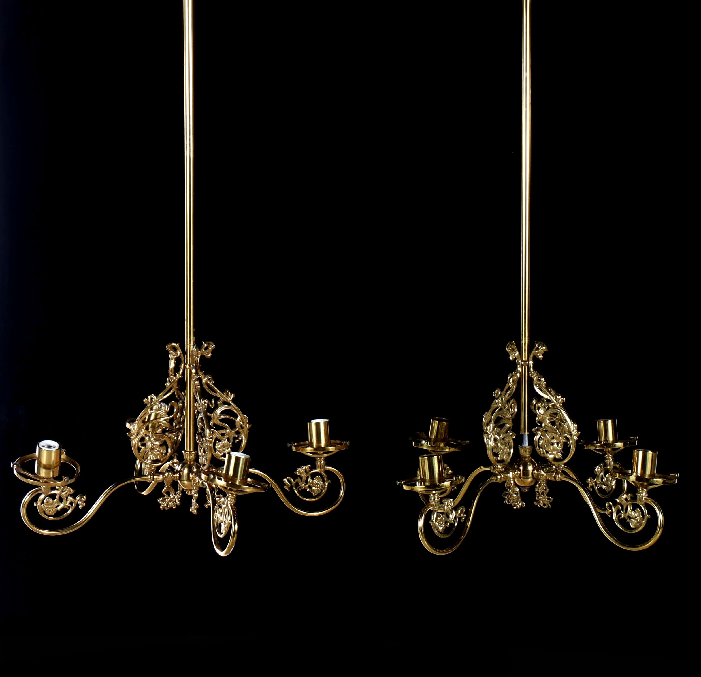 Victorian Revival Style Lacquered Brass and Cut Satin Glass Chandeliers, Pair