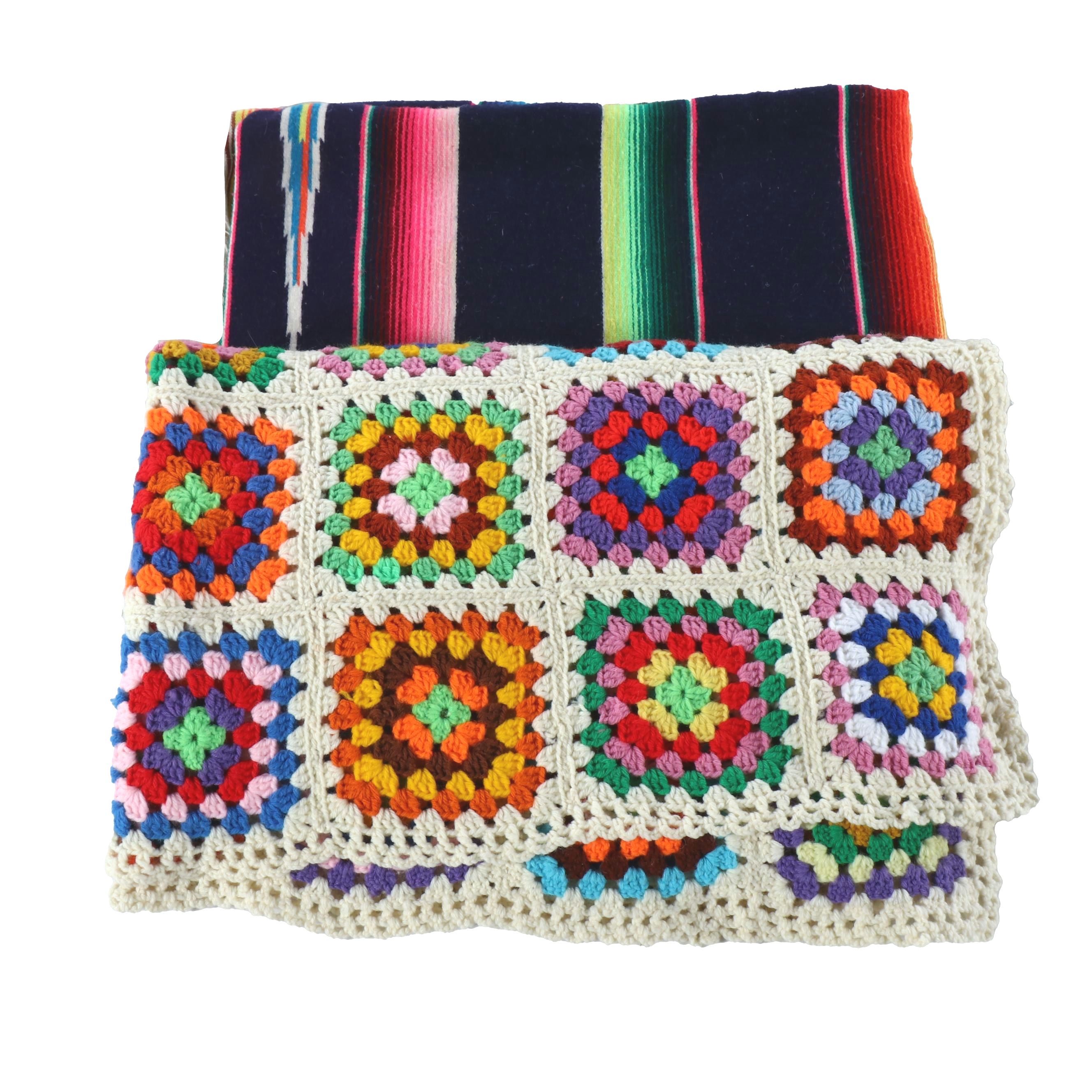 Mexican Saltillo Serape with Hand-Crocheted Granny Square Afghan