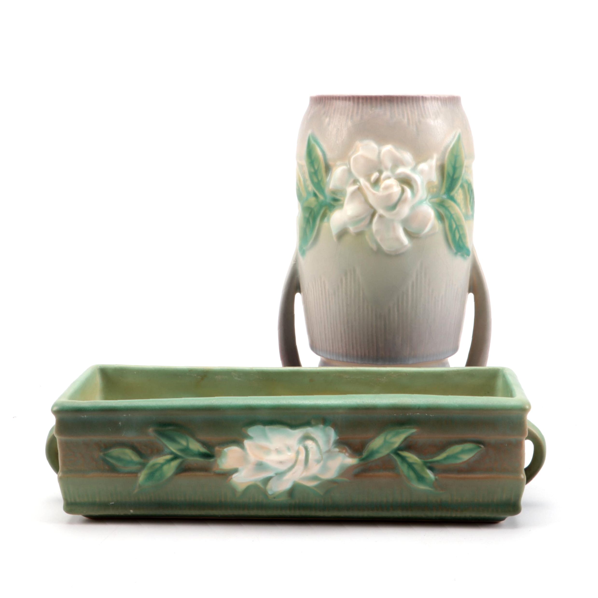 Roseville Pottery "Gardenia" Double Handled Vase and Window Planter, Mid-20th C.