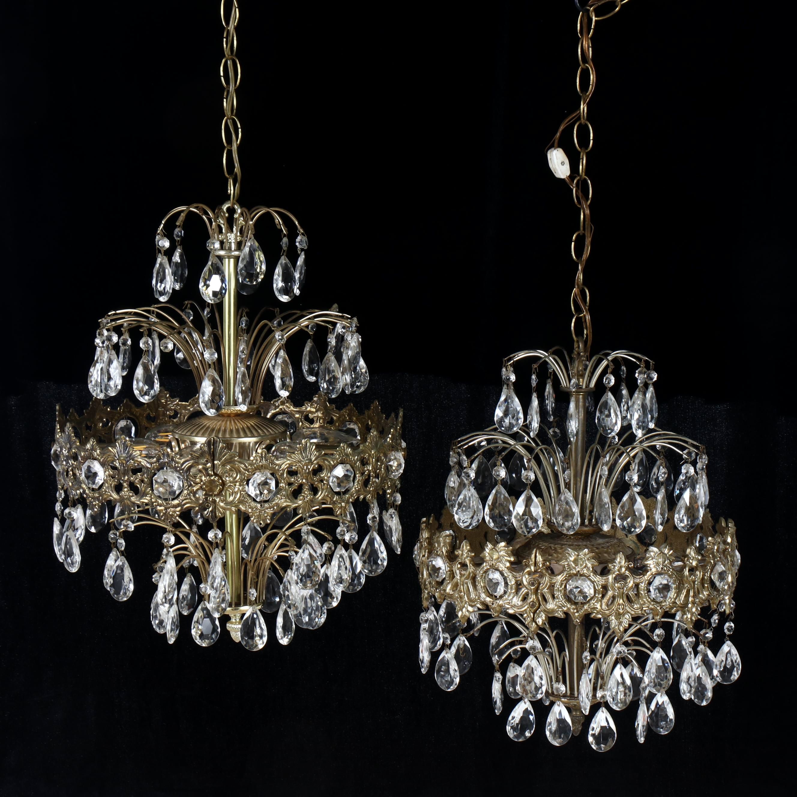 Pair of Baroque Style Gilt Brass and Crystal Chandeliers