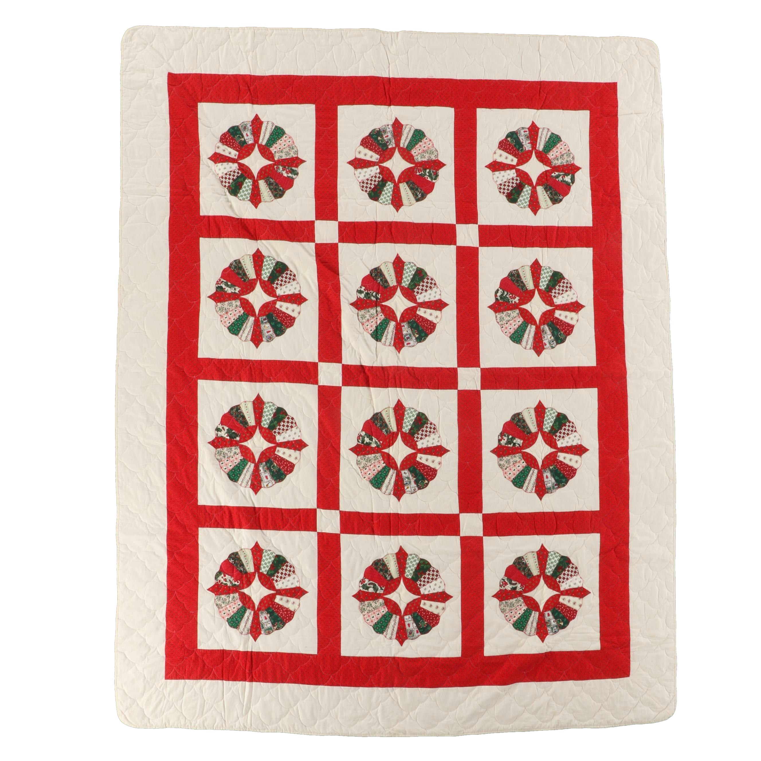Winter Holiday Theme "Dresden Plate" Applique Queen Cotton Quilt