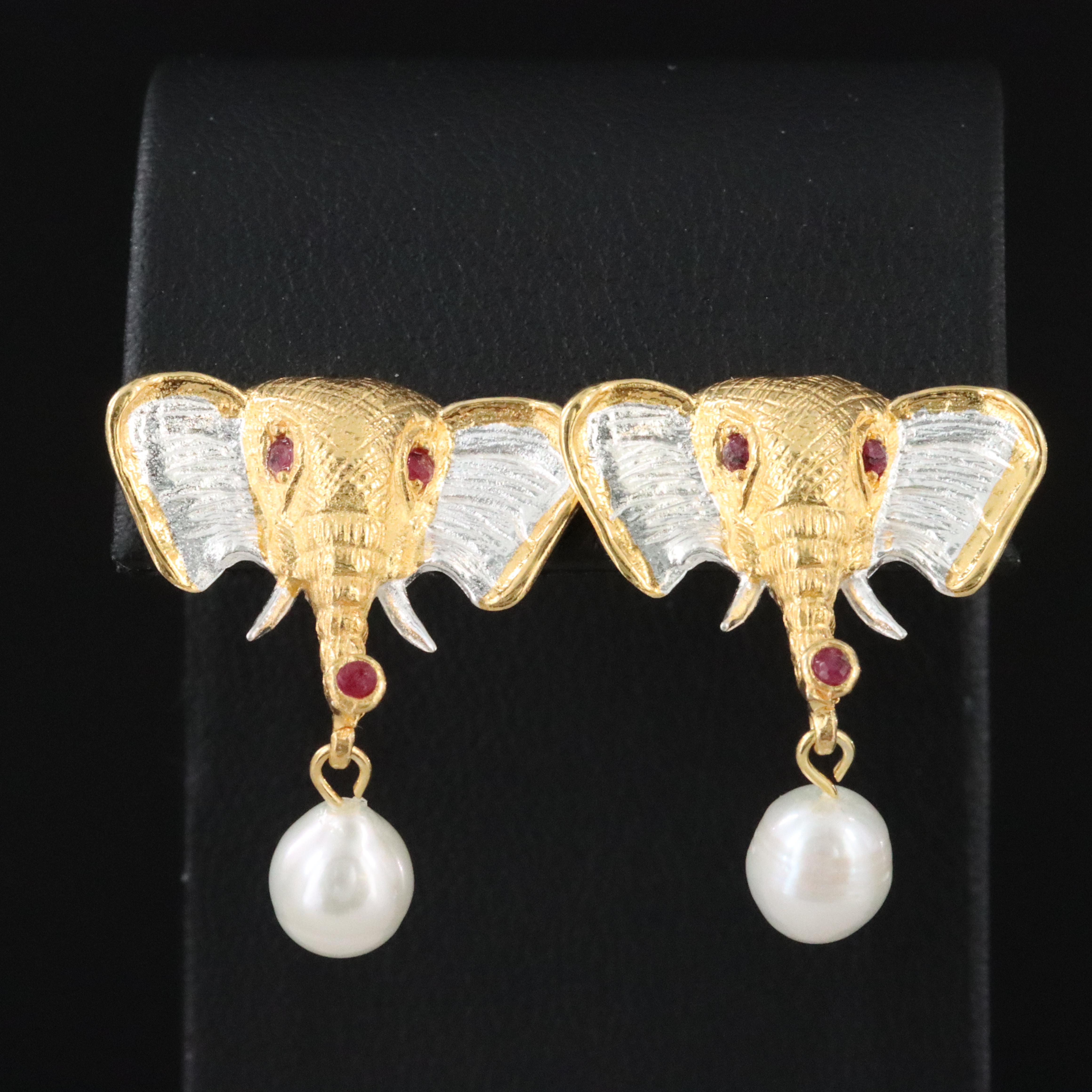 Sterling Pearl and Ruby Elephant Earrings