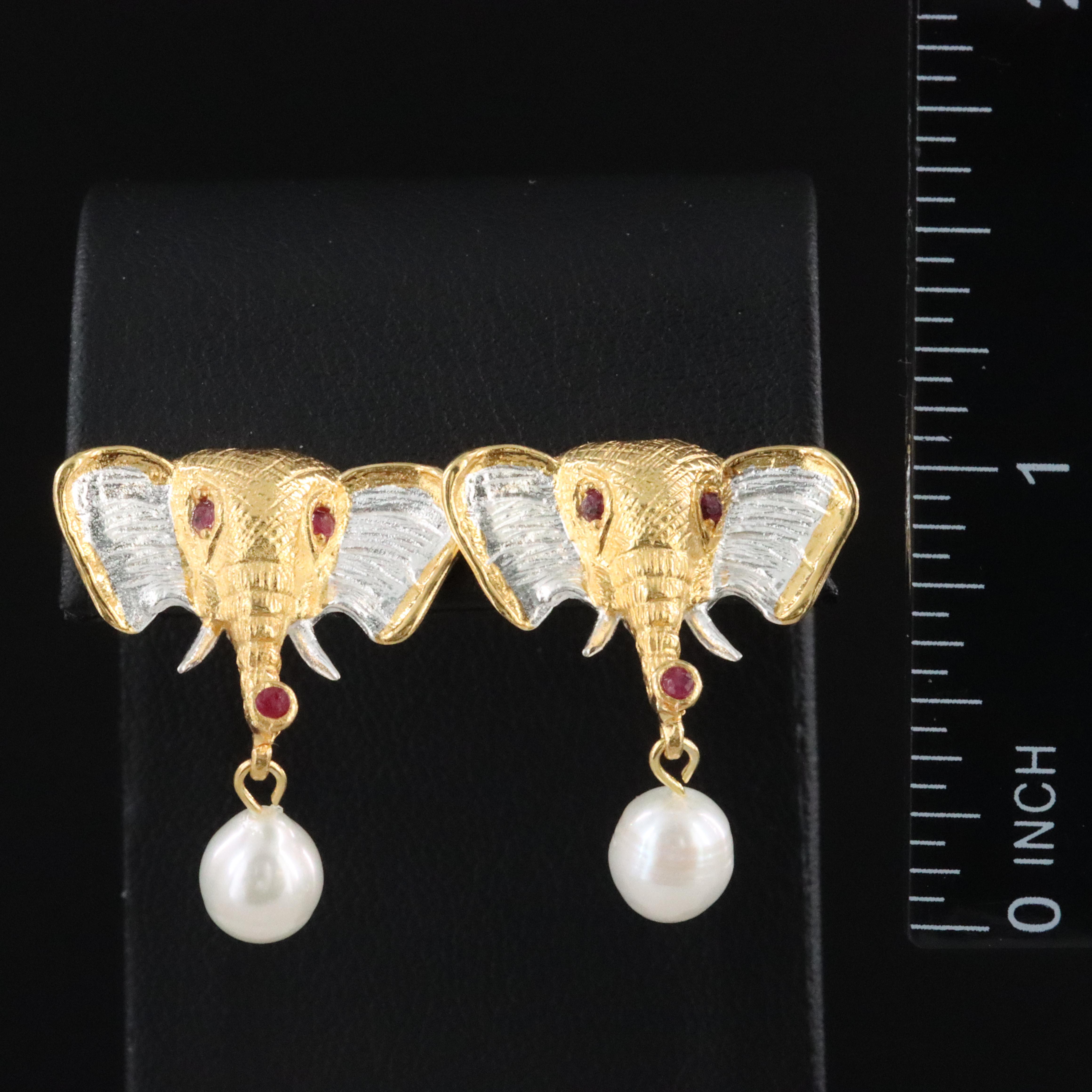 Sterling Pearl and Ruby Elephant Earrings