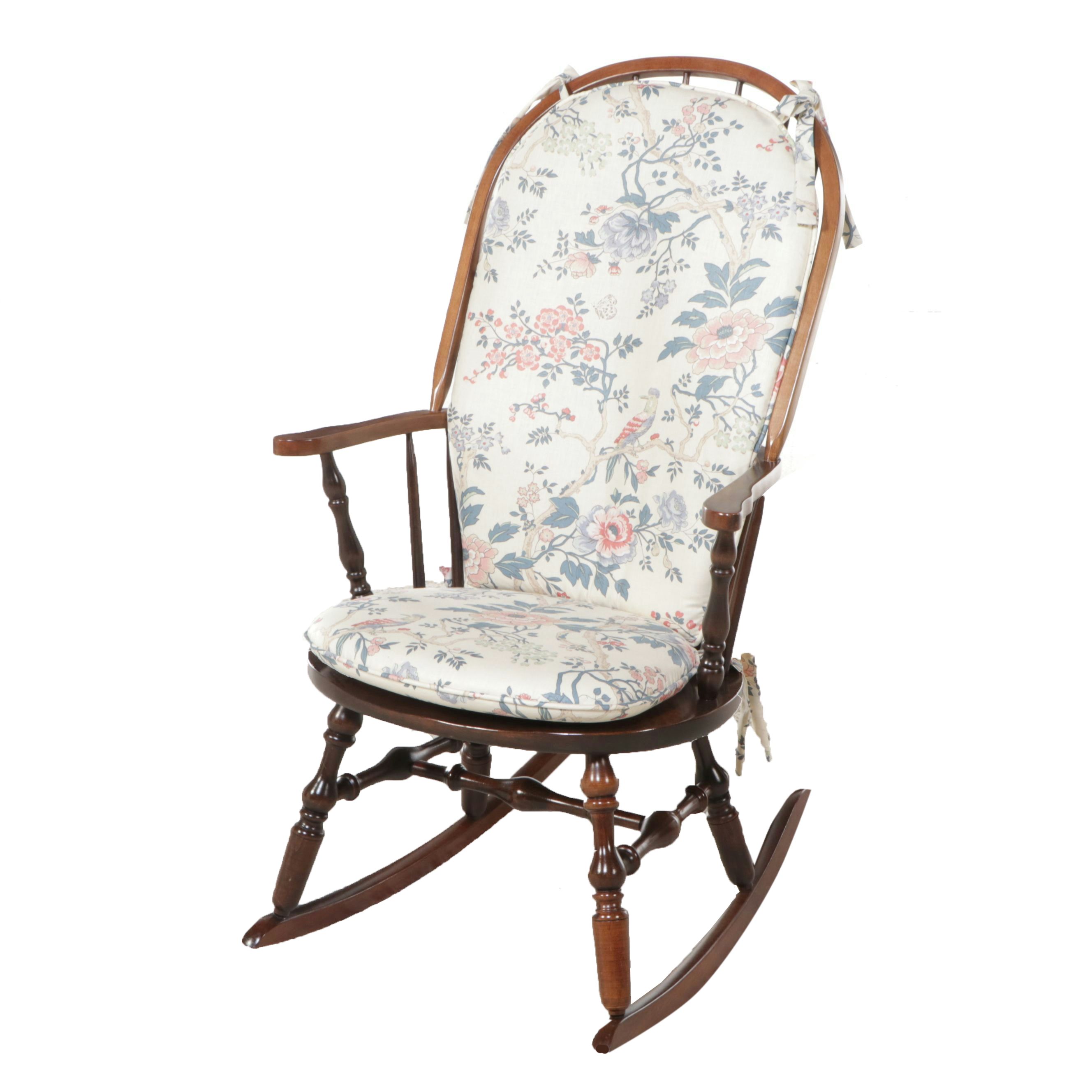 Turned Mahogany Wingback Rocking Chair with Floral Cushion